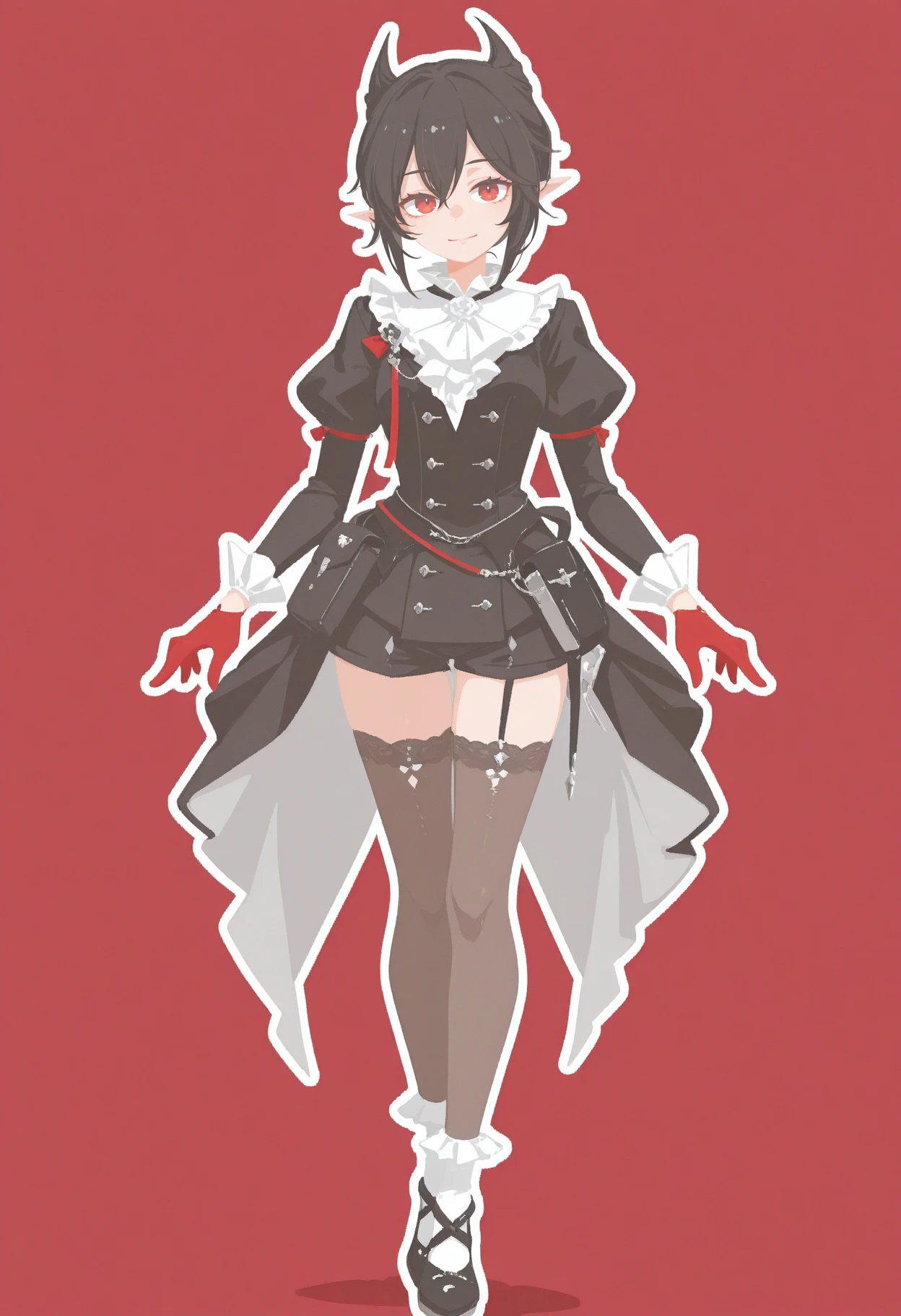 1girl, solo, white ascot,
ente1ech1a, 1girl, solo, red eyes, white ascot, black footwear, pointy ears, ascot, gloves, red gloves, long sleeves, black hair,  shirt, shorts, frills, closed mouth, black jacket, puffy sleeves, bow, socks, thighhighs, white outline, slight smile, arknights landship, slight smile,
flat color, no lineart, blending, negative space,
<lora:entelechialora_1:1>  <lora:illustrious_flat_color_v2:1>