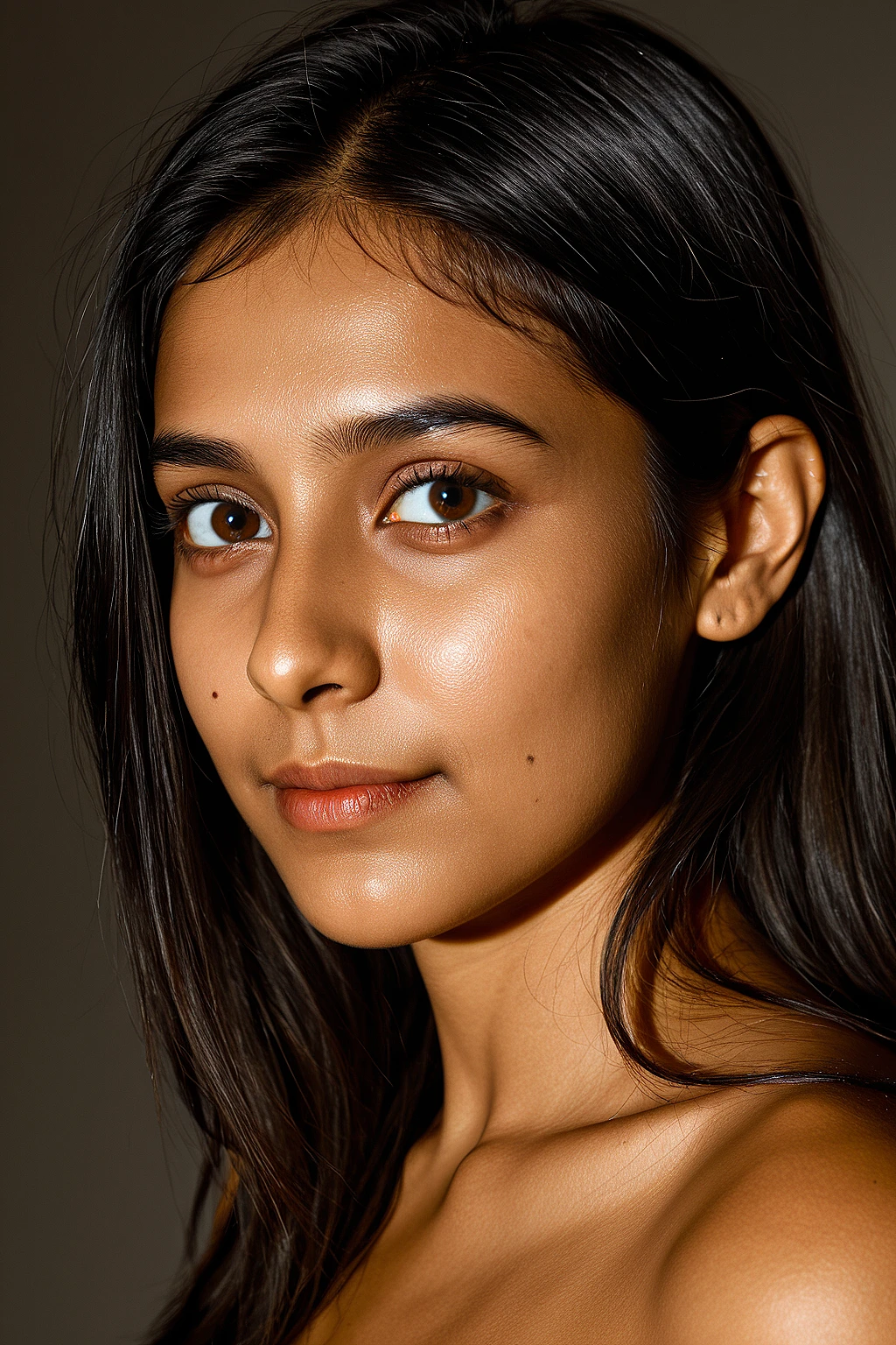 indian female, face focus, feminine, skin texture, smirk, dramatic lighting, shadows,