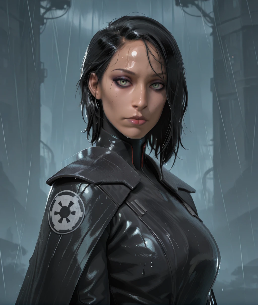trillasudurixl, black hair, green eyes, looking at viewer, eyeshadow, lipstick, 
upper body, wet,  
armor, black bodysuit, black cape, rain, 
science fiction, sith base, outdoors, rain, 
solo, 
(insanely detailed, masterpiece, best quality,), <lora:trillasuduriXL:1>,