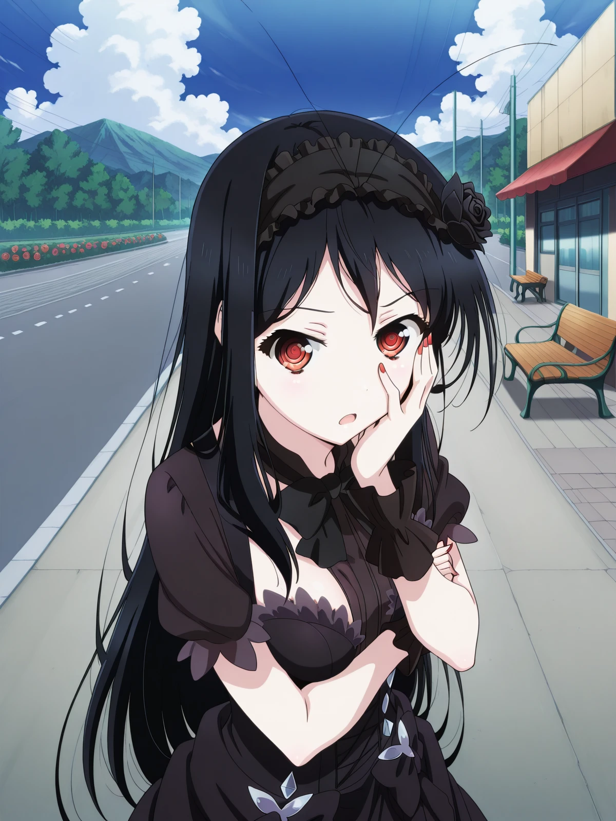 masterpiece, best quality, amazing quality,, <lora:accelword-kuroyukihime-s1-illustriousxl-lora-nochekaiser:1>, accelword kuroyukihime, kuroyukihime, long hair, black hair, red eyes, antenna hair, mature female, small breasts, anime screencap, <lora:dagashi-kashi-s1-key-visual-illustriousxl-lora-nochekaiser:1>, dagashi kashi, solo, looking at viewer, open mouth, skirt, hair ornament, bow, flower, short sleeves, outdoors, frills, hairband, sky, day, cloud, bowtie, hair flower, nail polish, wrist cuffs, rose, suspenders, red nails, hand on own face, high-waist skirt, breast hold, hand on own cheek, suspender skirt, ringed eyes, road, bench, black flower, sidewalk,, , ,