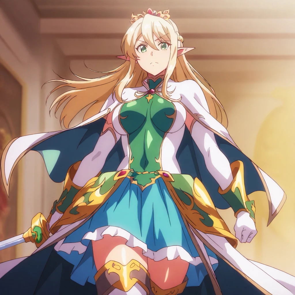 solo,masterpiece,high score,great score,absurdres,anime coloring,looking at viewer,<lora:AlmiaAgraliel ag4o:1> almiaagraliel, blonde hair, braid, pointy ears, green eyes,tiara,cape,thighhighs,holding sword,