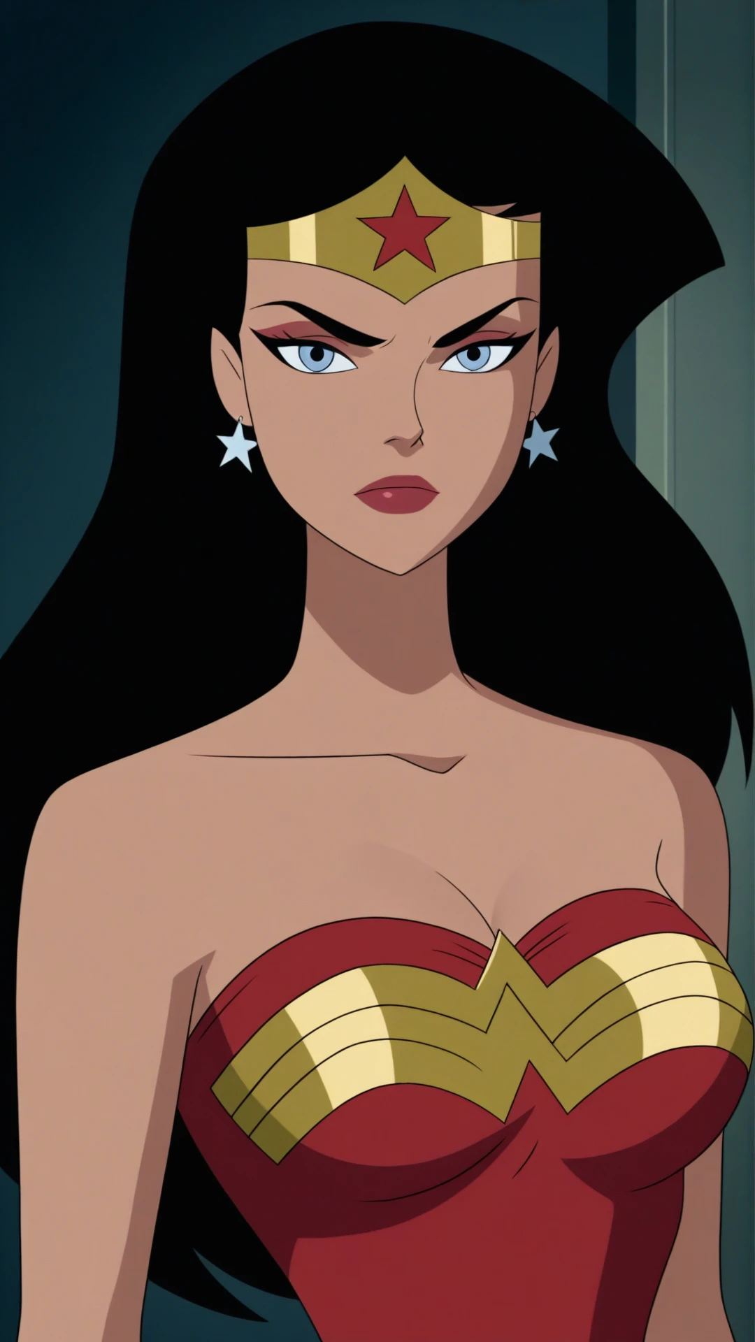 anime coloring, dramatic lighting, intricate details, masterpiece, best quality, absurdres, depth, Diana_XL, 1girl, solo, breasts, looking at viewer, closed mouth, jewelry, bare shoulders, upper body, earrings, star (symbol), strapless, makeup, tiara, lipstick, circlet, serious, star earrings, portrait, red lips <lora:Wonder_Woman_XL-20:0.9>