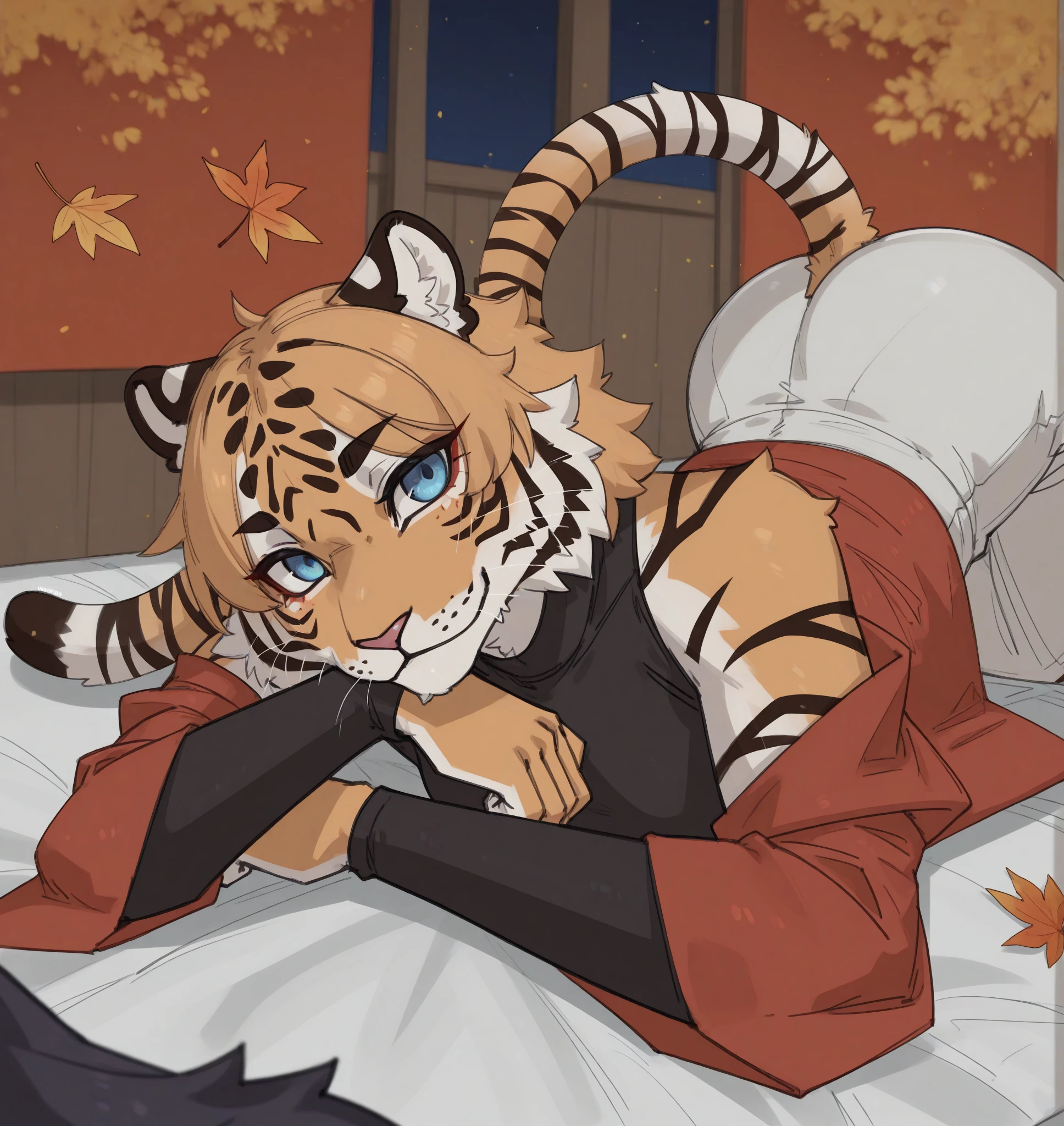 <lora:Lvlirror_Style_Illustrious:0.8> lvlirror, masterpiece, best quality, 2024, 2023, hi res, tiger, felid, patherine, at an autumn festival, clothing, clothed, detailed background, lying on bed, shaded, solo, solo focus, interested, leaning forward, focused eyes, slight smile,lower back focus, indoor