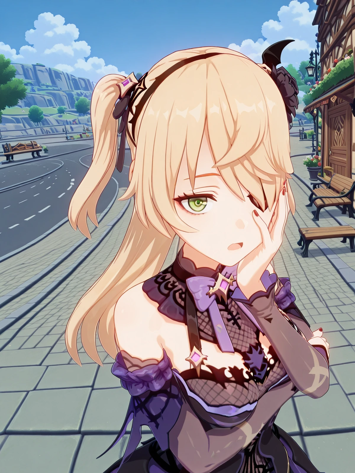 masterpiece, best quality, amazing quality,, <lora:genshin-fischl-ingame-illustriousxl-lora-nochekaiser:1>, fischl, fischl (genshin impact), long hair, bangs, blonde hair, ribbon, green eyes, hair ribbon, hair over one eye, two side up, eyepatch, mature female, small breasts, 3d,, <lora:dagashi-kashi-s1-key-visual-illustriousxl-lora-nochekaiser:1>, dagashi kashi, solo, looking at viewer, open mouth, skirt, hair ornament, bow, flower, short sleeves, outdoors, frills, hairband, sky, day, cloud, bowtie, hair flower, nail polish, wrist cuffs, rose, suspenders, red nails, hand on own face, high-waist skirt, breast hold, hand on own cheek, suspender skirt, ringed eyes, road, bench, black flower, sidewalk,, , ,