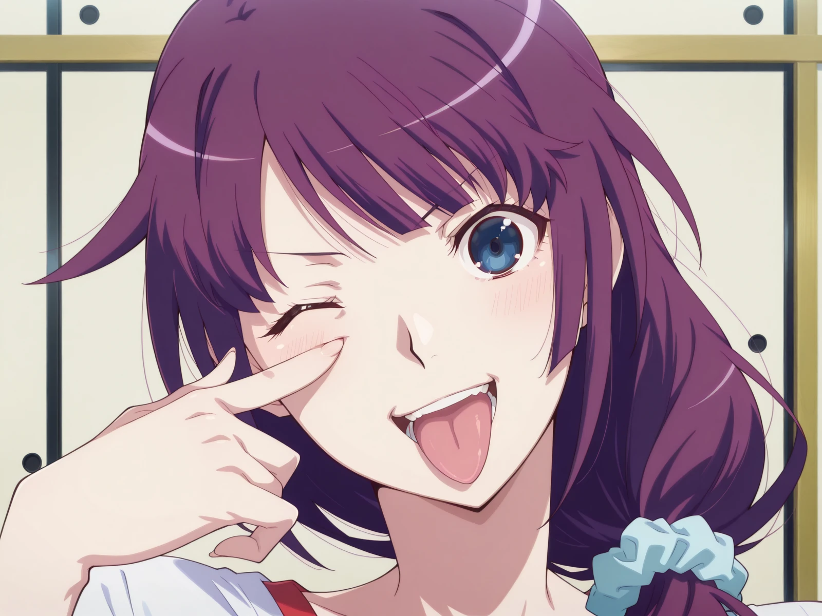 masterpiece, best quality, amazing quality,, <lora:hitagi-senjougahara-anime-illustriousxl-lora-nochekaiser:1>, hitagi senjougahara, long hair, bangs, ponytail, sidelocks, scrunchie, blue eyes, purple hair, large breasts, anime screencap, <lora:airashiratori-akanbe-illustriousxl-lora-nochekaiser:1>, airashiratori akanbe, solo, looking at viewer, blush, smile, open mouth, upper body, teeth, one eye closed, tongue, tongue out, portrait, eyelid pull, hand up, straight-on, akanbe, finger to eye,, , ,