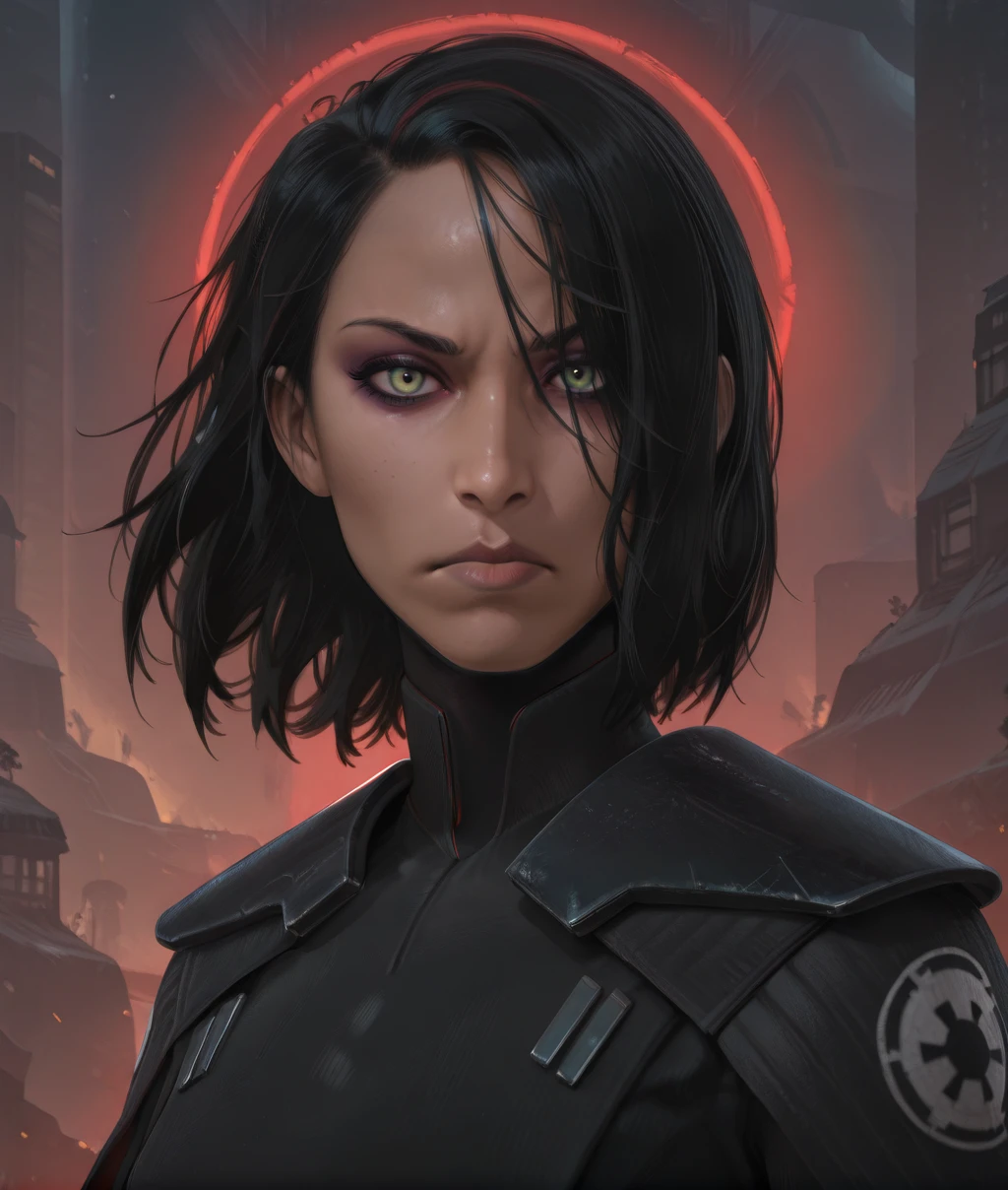 trillasudurixl, black hair, green eyes, looking at viewer, eyeshadow, lipstick, serious, hair over one eyes, short hair,
upper body, close up,
armor, black bodysuit, cape,
science fiction, sith base, outdoors, night,
solo,
(insanely detailed, masterpiece, best quality,), <lora:trillasuduriXL:1>,