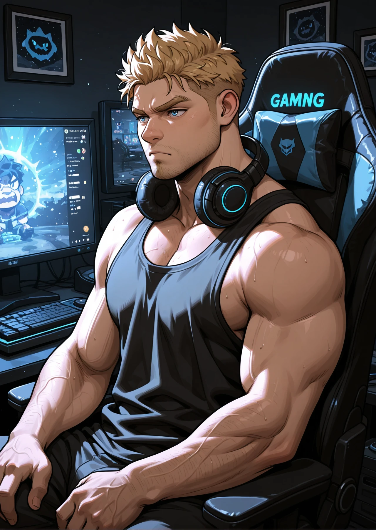 <lora:Damon_Baird_IL:1> damonbaird, 1boy, mature male, male focus, damonbaird, muscular, bara, blonde hair, short spiky hair, messy hair, sitting down, gaming chair, gaming room, indoor, beard stubble, goatee, animification, blue eyes, veins, cowboy shot, black short boxer, monitor, gaming pc, headphone on neck, loose tank top, grumpy, masterpiece, best quality
