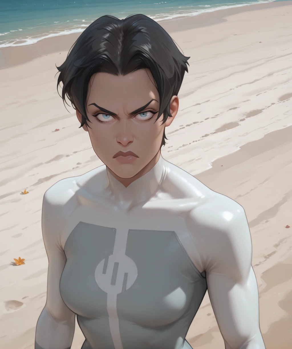 anissaxl, black hair, blue eyes, short hair, serious,
,
looking at viewer, facing viewer,
beach,
(insanely detailed, masterpiece, best quality), <lora:anissaxl-12v1-ILL:1>,