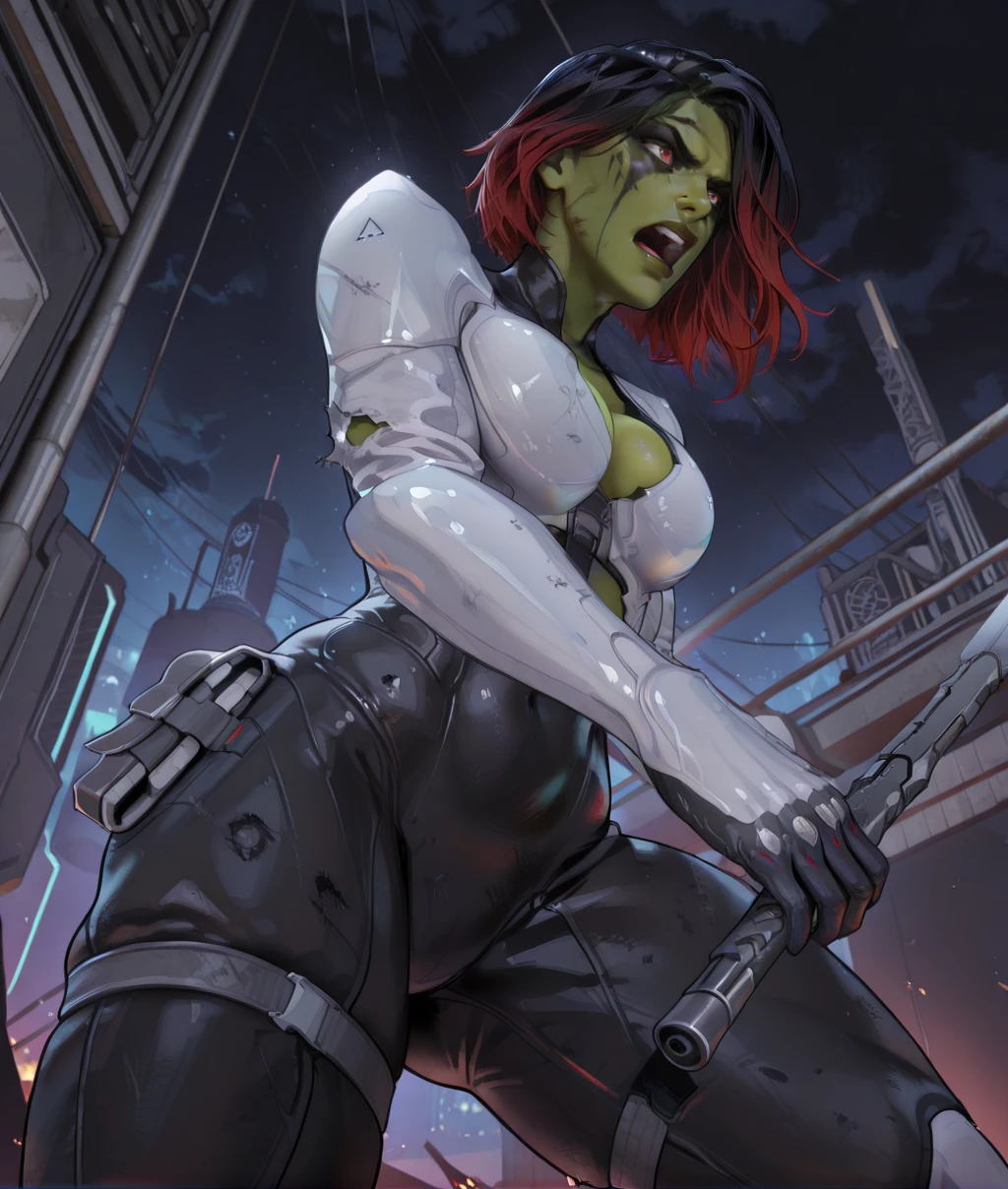 GamraXL, multicolored hair, red eyes, makeup, shouting, serious,
black bodysuit, white armor, midriff, from below, skindentation,
holding sword, damaged, fighting stance, torn clothes, cleavage,
toned, injury,
hips, gloves, thighs,
science fiction,
outdoors, night,
(insanely detailed, masterpiece, best quality), <lora:GamoraXL-12v1-ILL:0.9>,
