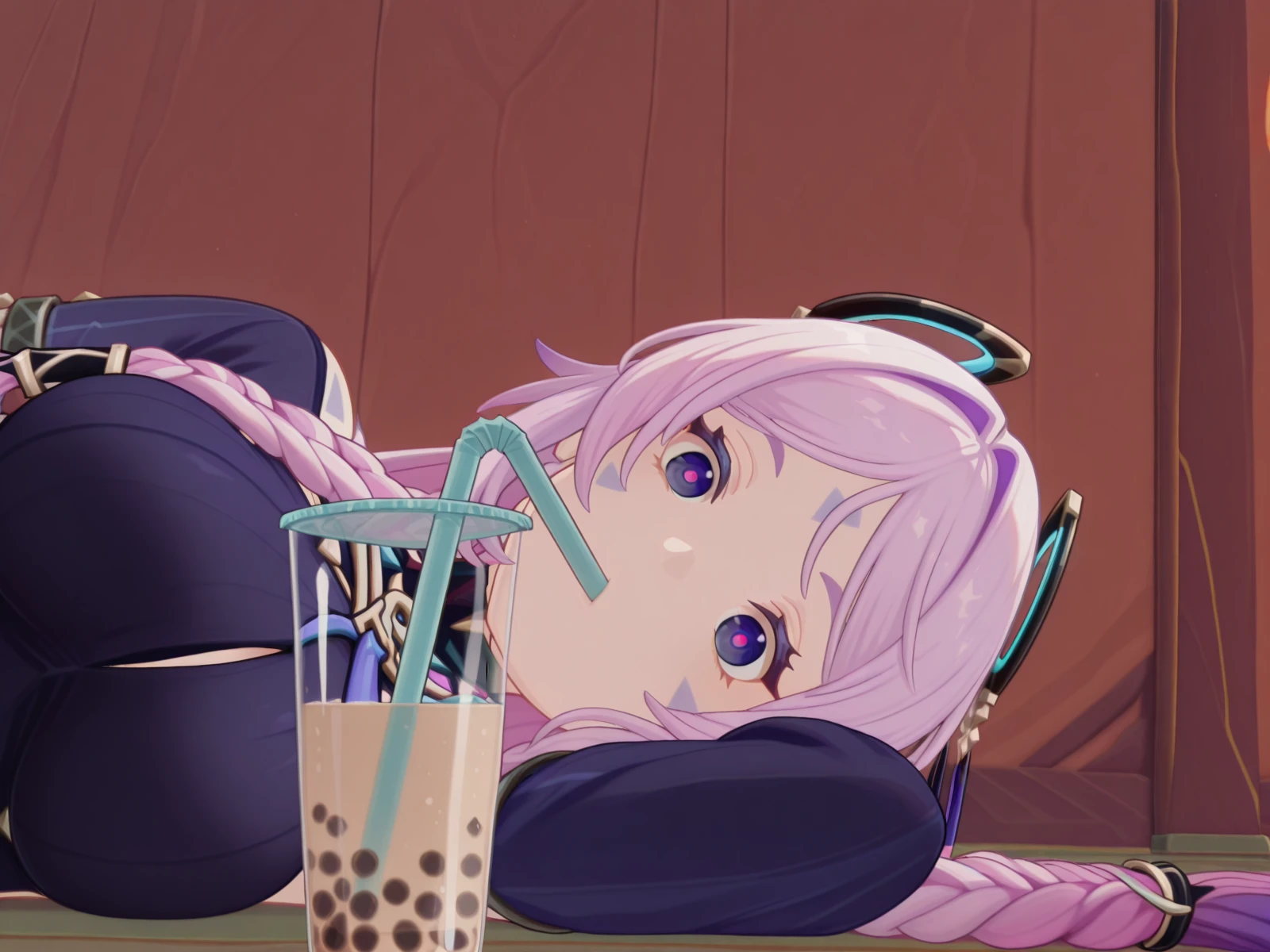 masterpiece, best quality, amazing quality,, <lora:genshin-citlali-ingame-illustriousxl-lora-nochekaiser:1>, citlali, citlali (genshin impact), blue eyes, braid, pink hair, facial mark, forehead mark, long hair, pink pupils, purple hair, gradient hair, hair ornament, twin braids, mature female, medium breasts, 3d,, <lora:airashiratori-drinking-milk-tea-illustriousxl-lora-nochekaiser:1>, airashiratori drinking milk tea, solo, looking at viewer, upper body, black eyes, cup, meme, drinking straw, drinking, bubble tea, on side, on floor,, , ,