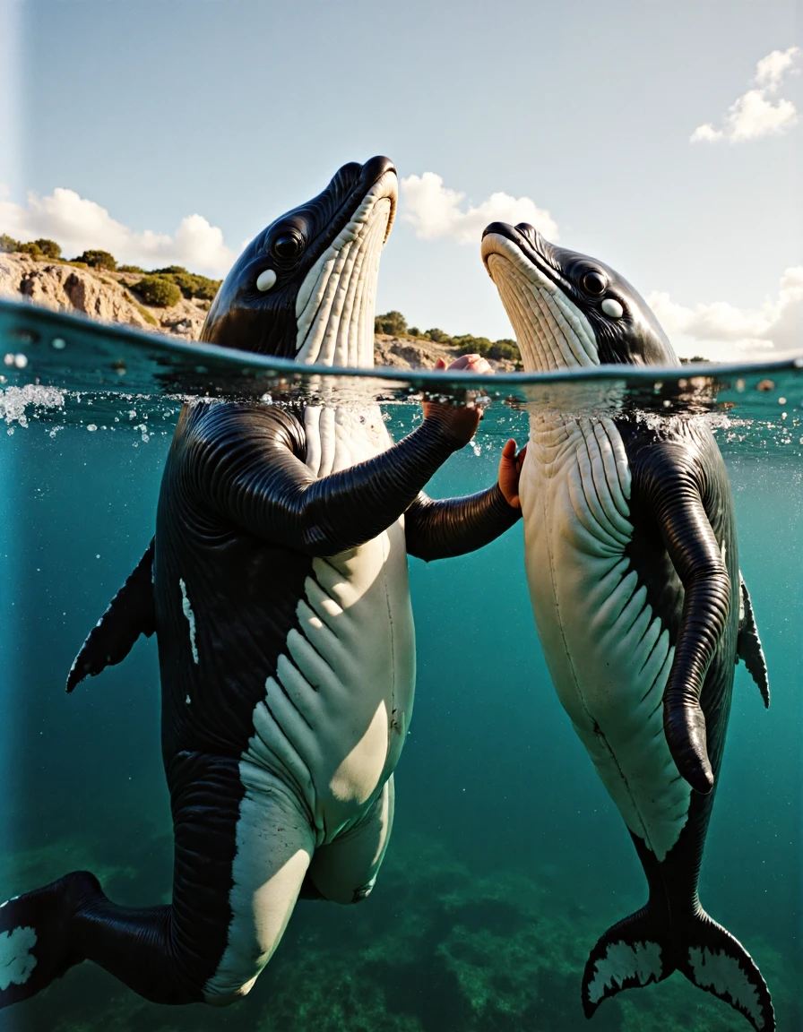 photo, image of a hybrid anthropomorphic humpback whale person getting into a fight with a friend. , analog, Kodachrome