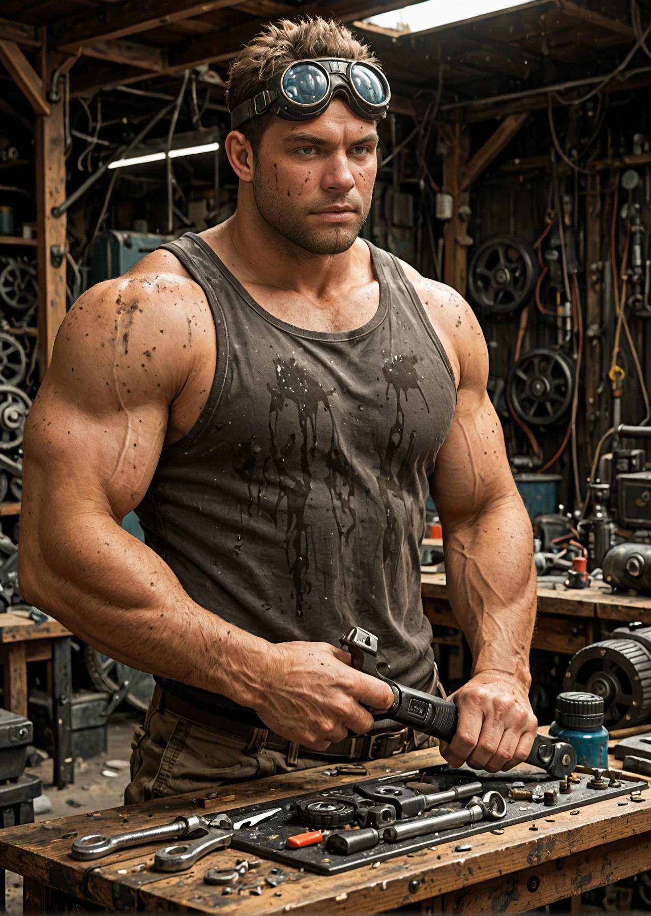 <lora:Damon_Baird_IL:1> damonbaird, 1boy, mature male, male focus, damonbaird, muscular, bara, blonde hair, short spiky hair, messy hair, workbench, indoor, beard stubble, goatee, realistic, blue eyes, veins, cowboy shot, black short boxer, loose tank top, grumpy, holding machinery, wrench, screwdriver, goggles on head, desk, repairing, repair, machinery on desk, dirty face, motor oil, oil splatter, dust, cables, gears, scrap, masterpiece, best quality
