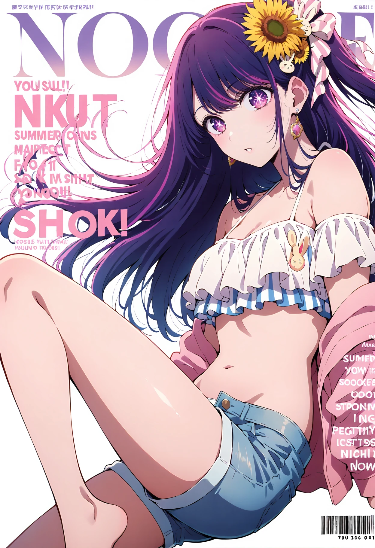<lora:add-detail-xl:1>,masterpiece,best quality,absurdres,highres,detailed eyes,beautiful,detailed background,perfect eyes,realistic,solo,
magazine cover,fake magazine cover,english text,cover,fake cover,price,cover page,text focus,barcode,dated,cowboy shot,dynamic pose,
<lora:Hoshino_Ai:1>,1girl,symbol-shaped pupils,purple eyes,pink eyes,purple hair,streaked hair,blue hair,multicolored hair,long hair,bangs,side ponytail,hair ribbon,hair ornament,hair flower,rabbit hair ornament,shorts,swimsuit,bikini,barefoot,jewelry,earrings,breasts,white bikini,denim,one side up,frills,open fly,short shorts,denim shorts,open shorts,bare legs,blue shorts,bare shoulders,sunflower hair ornament,off shoulder,unbuttoned,midriff,small breasts,medium breasts,crop top,striped,shirt,frilled bikini,open clothes,