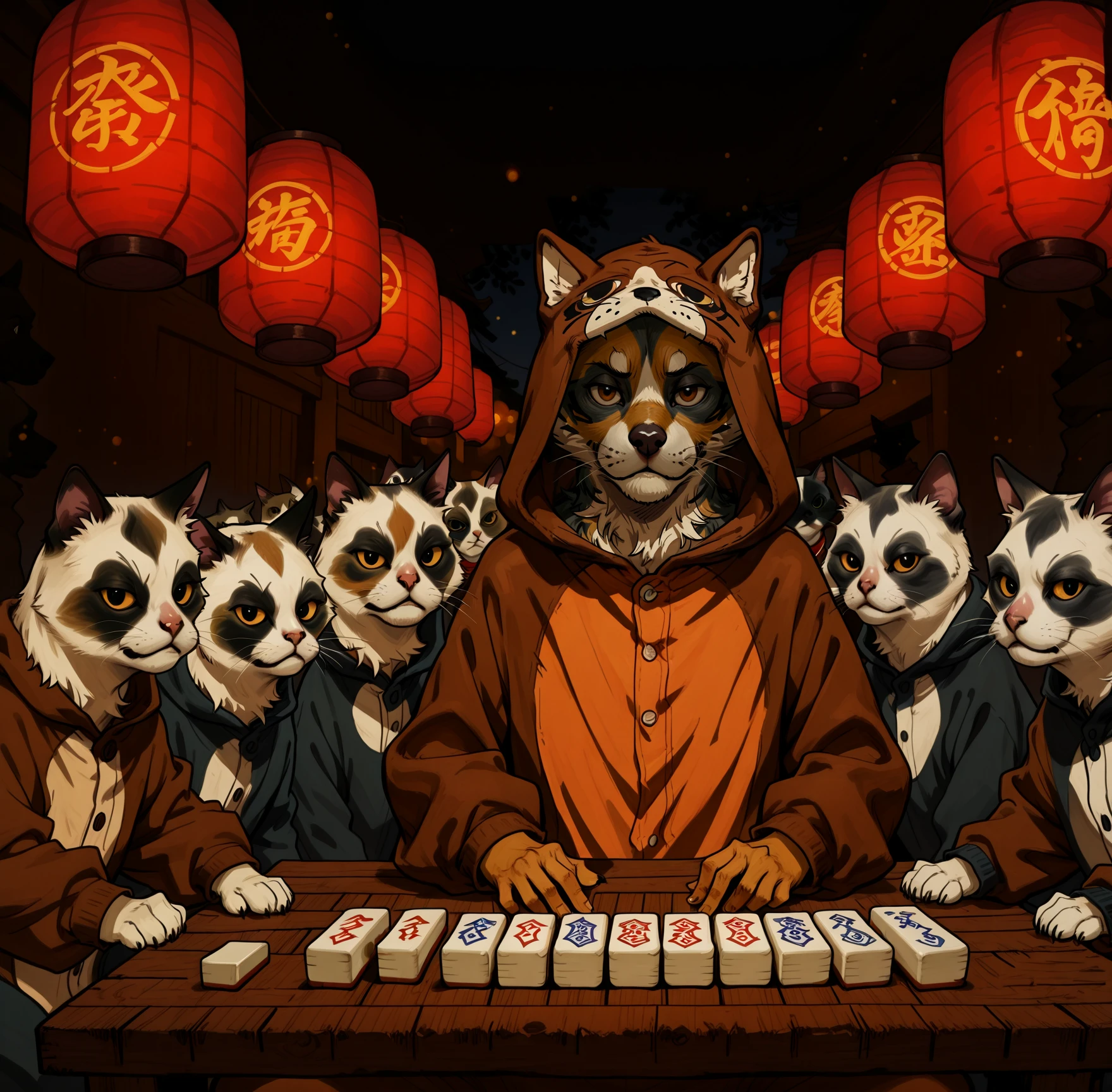 (masterpiece, best quality, highres:1.2) ,8k, (((1 dog 3 cats, group focus, a nervous dog, basset hound, shifty eyes, weathered floppy face, disguised in a fluffy cat onesie, surrounded by ,((stern suspicious villainous anthropomorphic Siamese cats)), sitting at a round table, (all playing mahjong), ))) expressive faces, painterly textures, detailed fur and fabric, semi-realistic stylized illustration by don bluth, colorful, run down Chinatown backroom, red paper lanterns, peeling paint, stacked crates, deep shadows, gritty, smoky, bokeh, depth of field, perspective, dark, late night, blue hour, image tone is funny and irreverent, <lora:CatOnesieILL:1> <lora:StS-Illustrious-Detail-Slider-v1.0:2.6> <lora:Lighting slider IL v1.0:-1.5>