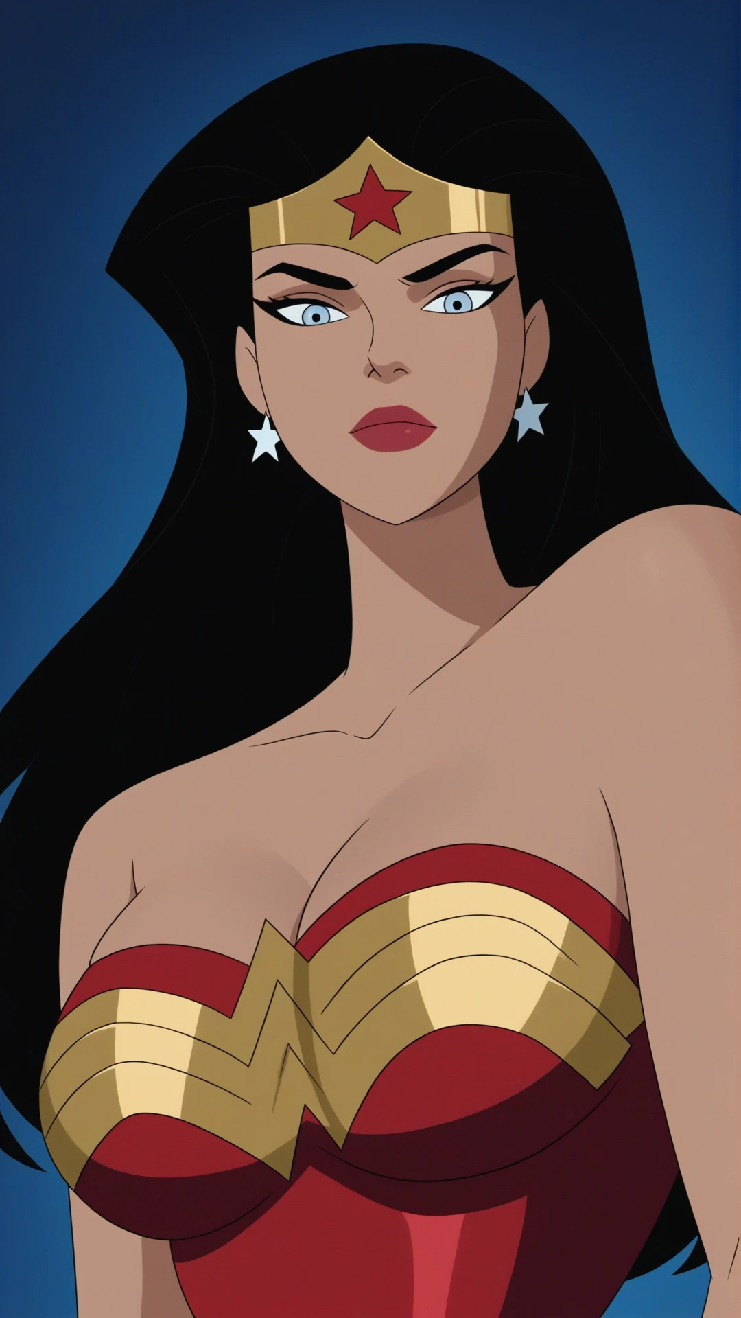 anime coloring, dramatic lighting, intricate details, masterpiece, best quality, absurdres, depth, Diana_XL, 1girl, solo, breasts, looking at viewer, large breasts, cleavage, jewelry, bare shoulders, medium breasts, upper body, earrings, star (symbol), strapless, makeup, looking down, tiara, lipstick, circlet, star earrings, superhero, blue background, red lips <lora:Wonder_Woman_XL-20:0.9>