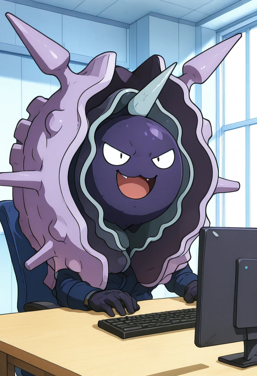 masterpiece, best quality, solo, zzCloyster, , <lora:CloysterPokedex_IXL:1.0>, ,smile, open mouth, upper body, :3, window, chair, facing viewer, desk, computer, monitor, on chair, keyboard (computer), office , <lora:CitronLegacy_IXL:1.0>,