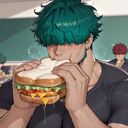 very awa, masterpiece, best quality, absurdres, newest, perfect quality, detailed background, intricate details, bara,
1boy, solo, young adult, lowen, short green hair, messy hair, hair in face, hair covering eyes, hiding eyes, eyes hidden, shaggy, beard, green beard, thick beard, spiky beard, no mustache, piercings, muscular, huge, big body, manly, masculine, stubble, hairy arms, hairy body, excessive body hair, big pecs, huge pecs, fat pecs, big chest, musky, sweaty, parted lips, raised eyebrow, uniform, black clothes, shirtless, face closeup, eating sandwich, holding sandwich,
Detailed background, classroom, musk, musky, sweaty, warm, fog, ¾ view, three fourths view,