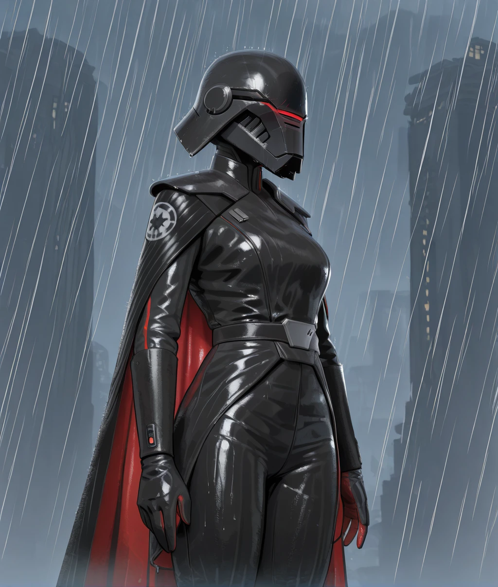 trillasudurixl, black helmet, red visor, 
wet, 
standing,  hip, belt,  gloves, 
armor, black bodysuit, black cape, rain, 
science fiction, sith base, outdoors, rain, 
solo, 
(insanely detailed, masterpiece, best quality,), <lora:trillasuduriXL:1>,