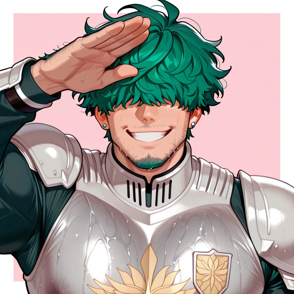very awa, masterpiece, best quality, absurdres, newest, perfect quality, detailed background, intricate details, bara,
1boy, solo, young adult, lowen, short hair, green hair, messy hair, hair in face, hair covering eyes, hiding eyes, eyes hidden, shaggy, beard, green beard, dark stubble, spiky beard, piercings, muscular, huge, big body, manly, masculine, stubble, hairy arms, hairy body, excessive body hair, big pecs, huge pecs, fat pecs, big chest, musky, sweaty, huge smile, beaming smile, uniform, knight armour, face closeup, looking up, looking at viewer, hand to side, saluting with one hand,
White borders, pink background, simple background, musk, musky, ¾ view, three fourths view,