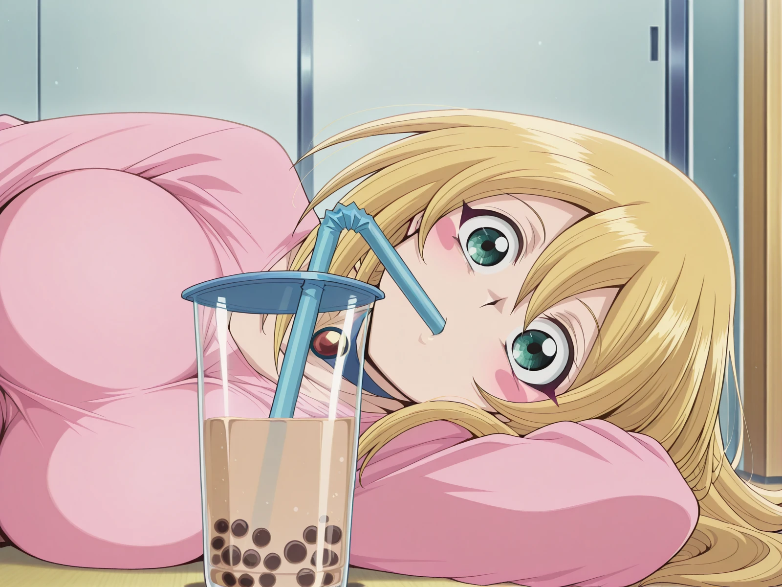 masterpiece, best quality, amazing quality,, <lora:dark-magician-girl-anime-illustriousxl-lora-nochekaiser:1>, dark magician girl, blonde hair, choker, green eyes, long hair, blush, blush stickers, large breasts, mature female, anime screencap, <lora:airashiratori-drinking-milk-tea-illustriousxl-lora-nochekaiser:1>, airashiratori drinking milk tea, solo, looking at viewer, upper body, black eyes, cup, meme, drinking straw, drinking, bubble tea, on side, on floor,, , ,