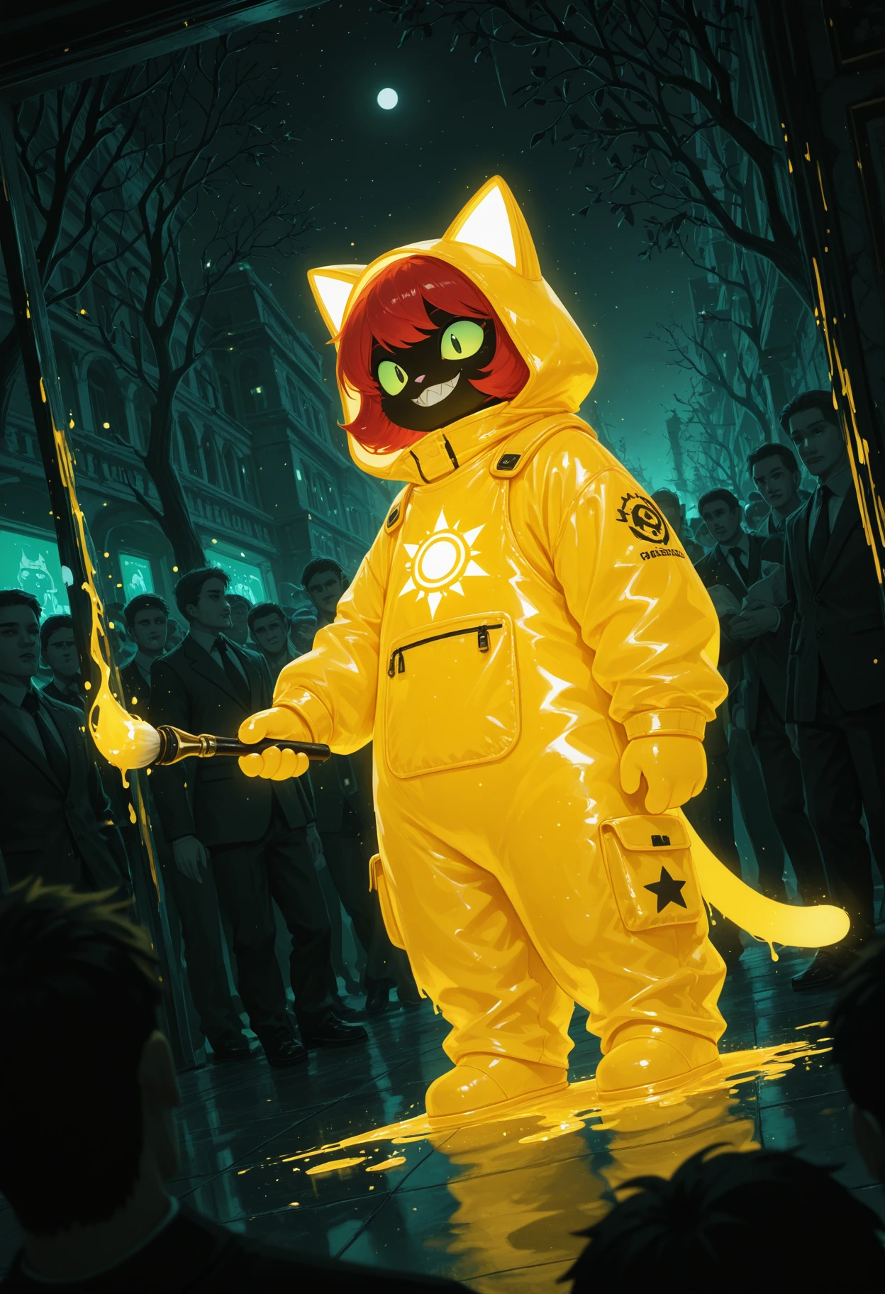 masterpiece, best quality, ,  dutch angle, side view, glowing green eyes, tattered yellow hazmat suits, playing radioactive dynamite, toxic swamp, bubbling green water, skeletal trees, eerie smiles, low-angle, haunting dystopian scene, toxic shadow, toxic shadow with sharp teeth, toxic green theme, radioactive glow, ink-lined outline, hair painted in loose flowing brushstrokes, silky robe defined by golden inlays, soft shimmering highlight on lips and neckline, slightly abstracted facial features, [hand-painted mediterranean balcony with expressive linework, flowers in gilded accents, sun rendered in soft gold texture, (gold edge glow:1.3), (handmade brush texture:1.0), (bleeding watercolor shadows:0.8)], from side angle, paper-textured background, high-contrast organic lines with ethereal softness, star, glass, wall, transparent, dark sky, creature, large, monochrome, (ghost trail effect:0.7), close-up::1, black and white, (void shimmer:1.0), (ink bleed effect:1.2), (architectural silence:0.8),, (stylized by John Closterman:1.0) , Digital artwork, Renderman, Visually Stimulating chubby Venetian (a crowd of men:1.3) , Lord, dressed in Ragdoll Cat-style elegant outfit, frolicking in an indoors, Red hair, Zen South African jewelry, Tie, in focus, Magic Realism, Cozy, Naive Art, Ambient lighting, F/5, Ektachrome, White and Rose Pink, sharp and in focus, appealing