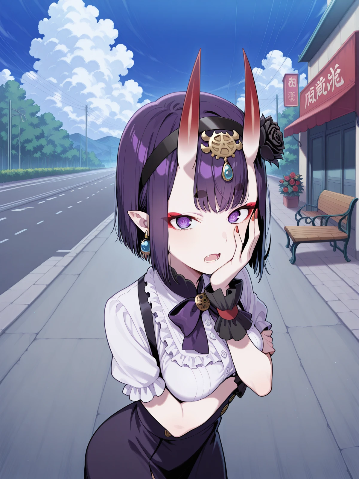 masterpiece, best quality, amazing quality,, <lora:shuten-douji-illustriousxl-lora-nochekaiser:1>, shuten douji, shuten douji (fate), purple eyes, earrings, eyeshadow, horns, makeup, oni horns, purple hair, red eyeshadow, short eyebrows, short hair, single earring, pointy ears, bob cut, eyeliner, red eyeliner, skin-covered horns, mature female, small breasts, <lora:dagashi-kashi-s1-key-visual-illustriousxl-lora-nochekaiser:1>, dagashi kashi, solo, looking at viewer, open mouth, skirt, hair ornament, bow, flower, short sleeves, outdoors, frills, hairband, sky, day, cloud, bowtie, hair flower, nail polish, wrist cuffs, rose, suspenders, red nails, hand on own face, high-waist skirt, breast hold, hand on own cheek, suspender skirt, ringed eyes, road, bench, black flower, sidewalk,, , ,
