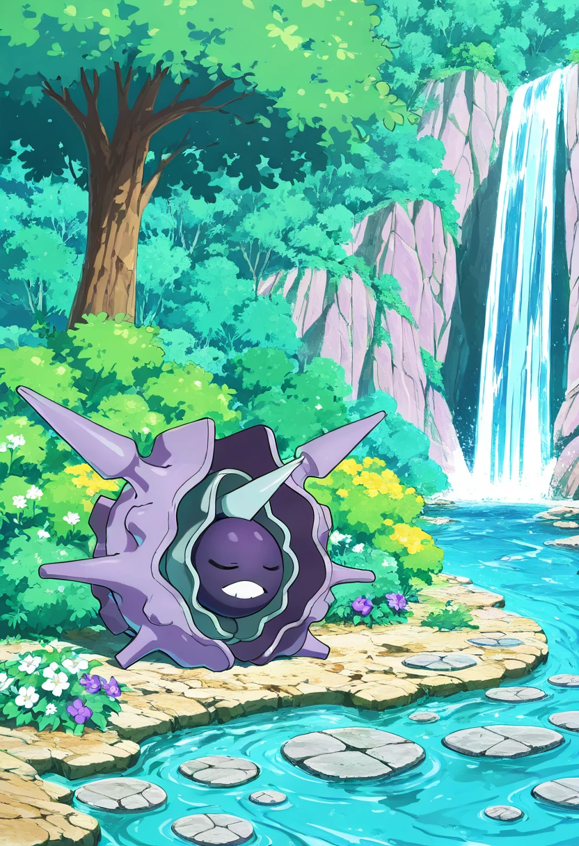 masterpiece, best quality, solo, zzCloyster, , <lora:CloysterPokedex_IXL:1.0>, , solo, outdoors, purple flower, sleeping, stepping stones, tree, white flower, yellow flower, closed mouth, closed eyes, plant, bush, waterfall, river, forest,