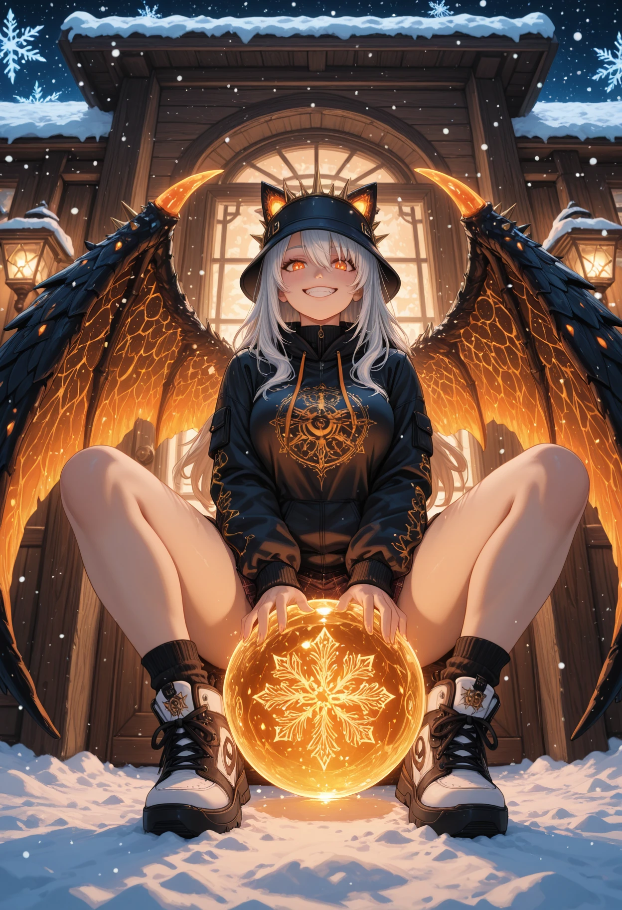 masterpiece, best quality, , 1girl, Minimalist Line Art Style, Wide Angle, Snow-covered village, night, streetwear, bucket hat, sneakers, kawaii, grinning, flirtatious, schoolgirl uniform, cat ear headband, winter wonderland, mischievous grin, snowflakes falling around, cozy atmosphere, warm lighting, Japanese-inspired architecture, rustic wooden door, sits on a magic ball, 1female dark-light duality goddess, half black armor, half white divine skin, intricate gold patterns, spiked crown, glowing orange eyes, symmetrical pose, celestial energy, obsidian and porcelain texture fusion, ornate metallic wings, gothic divine aesthetic, high detail, sharp focus, glowing particles, fantasycore, mythic contrast, masterpiece, best quality, Newanimecore, VoidlightEmpress, HaloThorn, Eclipseborn, SacredWyrm, ArcSpireDominion, stylized by Tyler Edlin, Karl Gerstner, landscape of a (Cafe:1.2) from inside of a Subterranean cavern, it is very Artistic, fauna, Snowy, Energetic, Light caustics, Intentional Camera Movement, Ilford XP2 400, Fish-eye Lens, Amaro