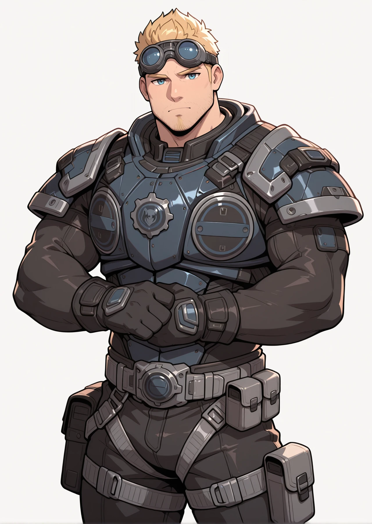 <lora:Damon_Baird_IL:1.1> damonbaird, wearing goggles, looking at viewer, muscular, bara, blonde hair, power armor, pauldrons, cowboy shot, white background, pouch, grey belt, black gloves, beard stubble, goatee, pose, animification, masterpiece, best quality