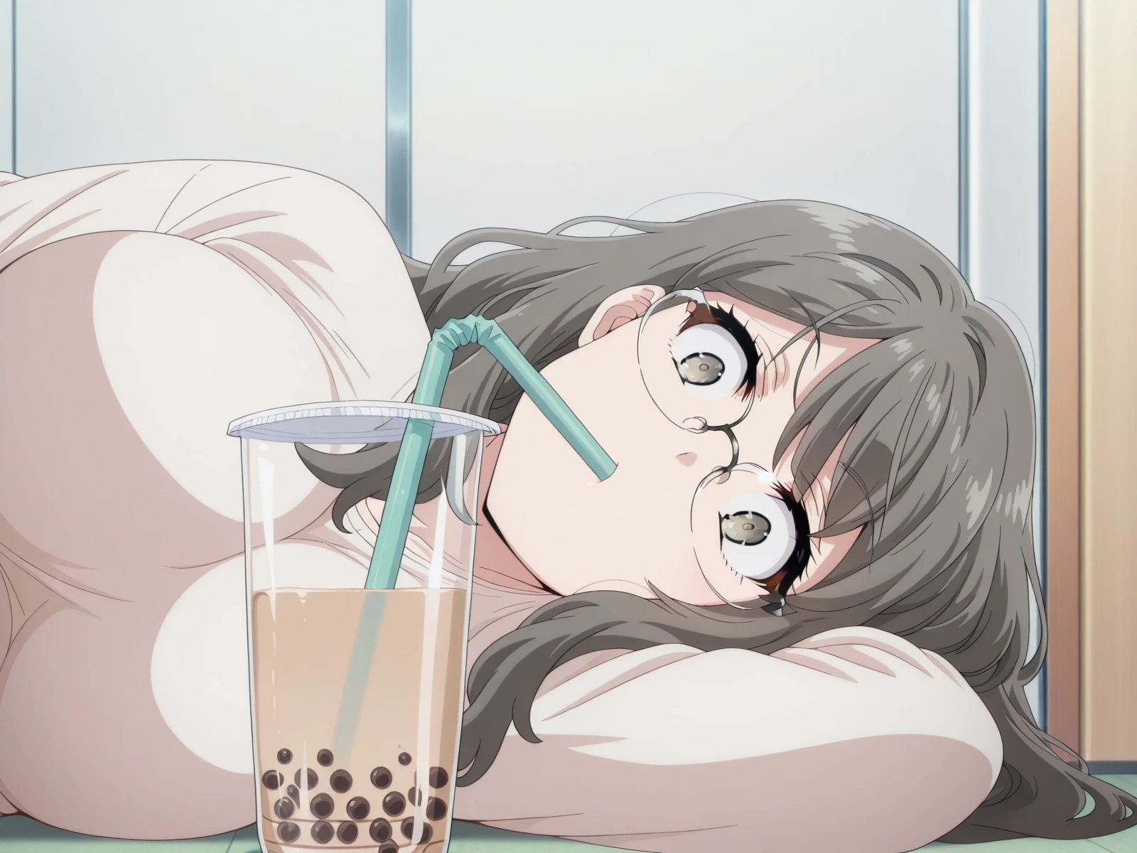 masterpiece, best quality, amazing quality,, <lora:rio-futaba-s1-illustriousxl-lora-nochekaiser:1>, rio futaba, futaba rio, long hair, brown hair, brown eyes, glasses, mature female, large breasts, anime screencap, <lora:airashiratori-drinking-milk-tea-illustriousxl-lora-nochekaiser:1>, airashiratori drinking milk tea, solo, looking at viewer, upper body, black eyes, cup, meme, drinking straw, drinking, bubble tea, on side, on floor,, , ,