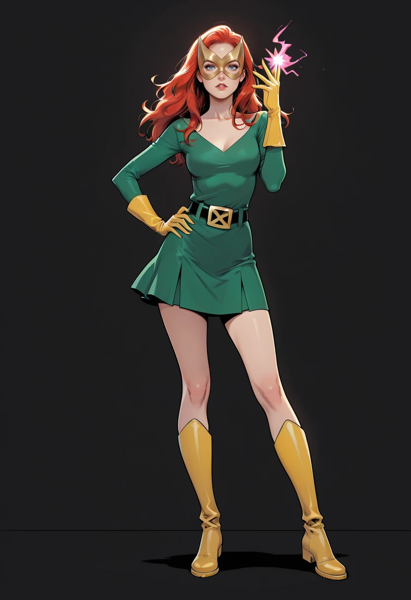 highres, absurdres, very aesthetic, masterpiece, perfect, best quality, perfect anatomy, 1girl, <lora:Jean_Grey_Marvel_Girl_Comic:0.8>, mask, yellow gloves, yellow boots, belt, dress, long hair, jean grey, marvel girl, golden mask, red hair, green dress, short skirt, blue eyes, sleeves, animification, flat colors, simple background, looking at the viewer, standing, hand on hip, hand up