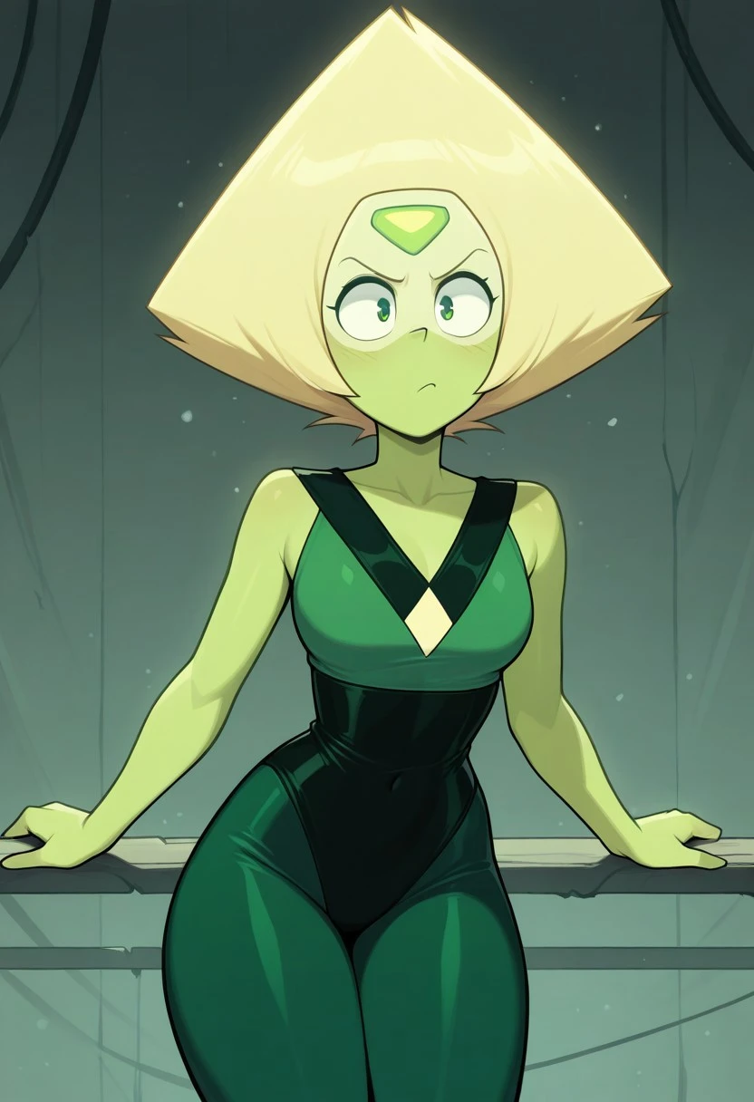 masterpiece, best quality, newest, absurdres, highres, 1girl, solo, peridotILL, green skin, green eyes, blonde hair, short hair, green sleeveless bodysuit,