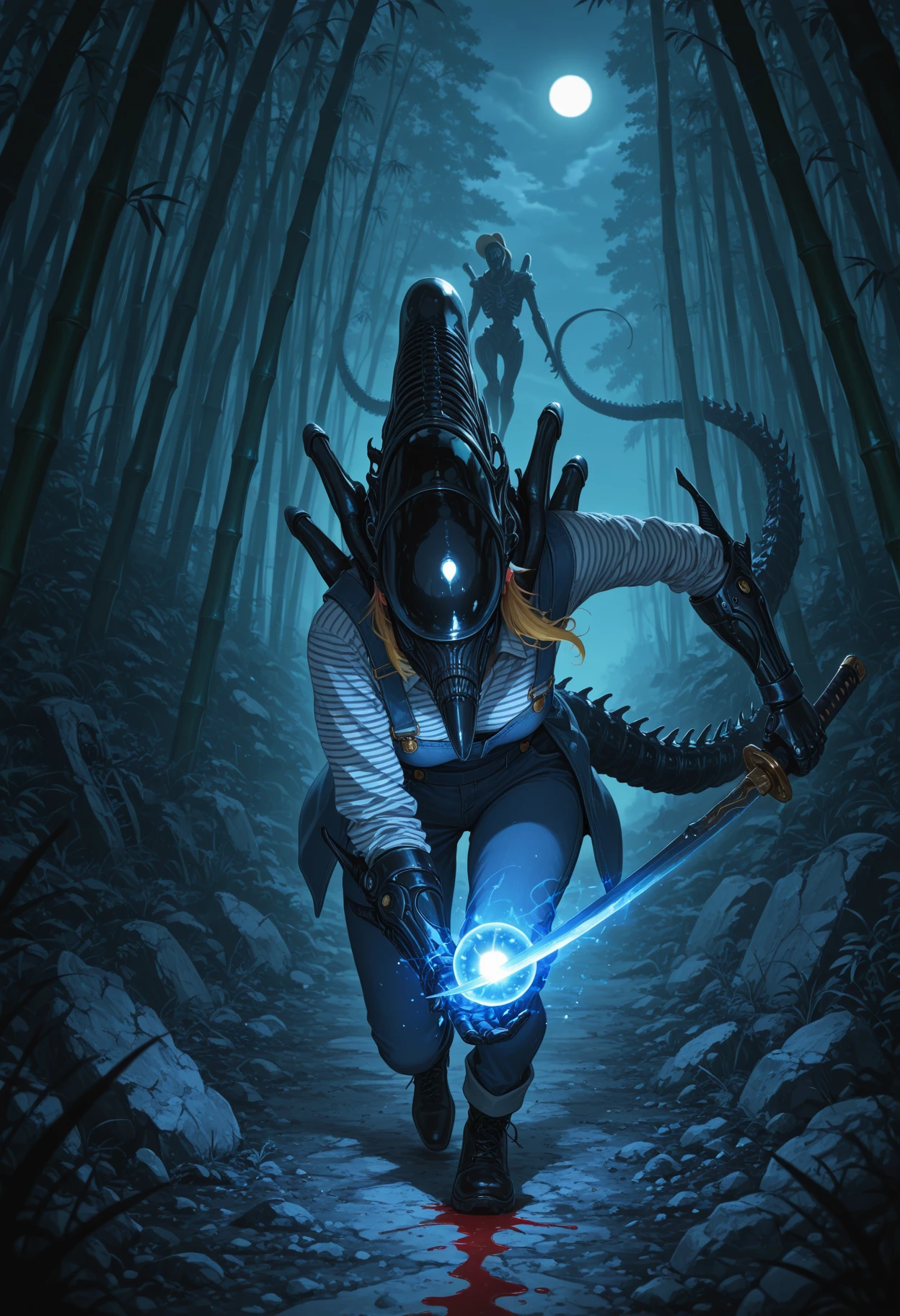 masterpiece, best quality, , 1girl, Vaporwave Anime Style, High Angle, Wind, stormy day, tsundere face, sneer, playful tease, detective mystery, katana sword, enchanted forest shadows, hidden eyes, fedora hat, trench coat, kawaii charm, mischievous grin, bamboo whispers, detective investigation, action pose, whimsical atmosphere, magical realism, fantasy setting, adventure, , Dark forest, moonlight, misty, ancient trees, ruined shrine, plague doctor's cloak, iron gauntlets, yandere eyes, aquamarine and rust armor, flowing blood, glowing orb, waifu holding it with determination and ferocity, running through the darkness, eerie silence, dark magic swirling around her., (stylized by Takato Yamamoto:1.1) and Sergey Musin, Drawing, expressive brush strokes, heavyset Kenyan (The Xenomorphs:1.3) , he is Stressed, dressed in Denim overalls and striped shirt, is inspired by cinema, Multicolor hair styled as Spiky, Hair Clip, Floating icebergs, at Sunrise, detailed, masterpiece, ethereal, side light, Velvia, UHD, Flickr, baroque, alien