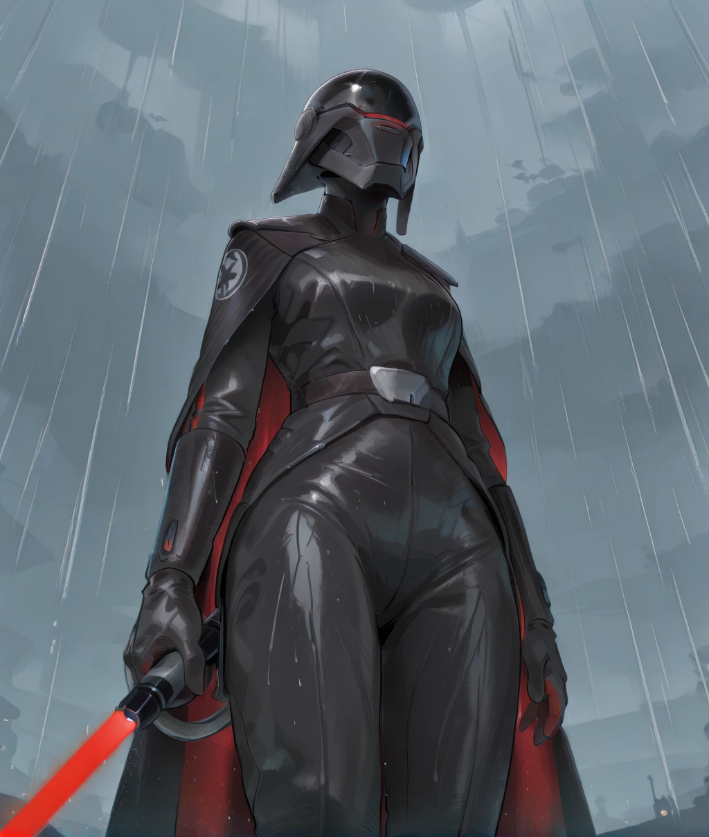 trillasudurixl, black helmet, red visor,
wet, looking at viewer,
standing, hip, belt, gloves,
armor, black bodysuit, black cape, holding red lightsaber,
science fiction, sith base, outdoors, from below,
solo, rain,
(insanely detailed, masterpiece, best quality,), <lora:trillasuduriXL:1>,