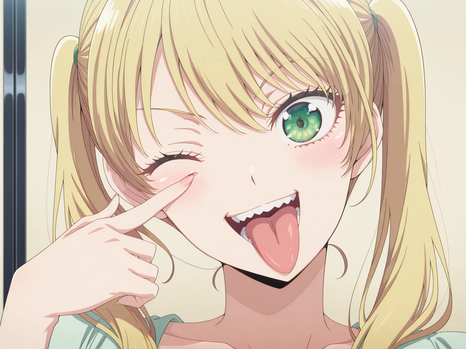 masterpiece, best quality, amazing quality,, <lora:rika-hoshizaki-s2-illustriousxl-lora-nochekaiser:1>, rika hoshizaki, green eyes, blonde hair, twintails, mature female, large breasts, anime screencap, <lora:airashiratori-akanbe-illustriousxl-lora-nochekaiser:1>, airashiratori akanbe, solo, looking at viewer, blush, smile, open mouth, upper body, teeth, one eye closed, tongue, tongue out, portrait, eyelid pull, hand up, straight-on, akanbe, finger to eye,, , ,