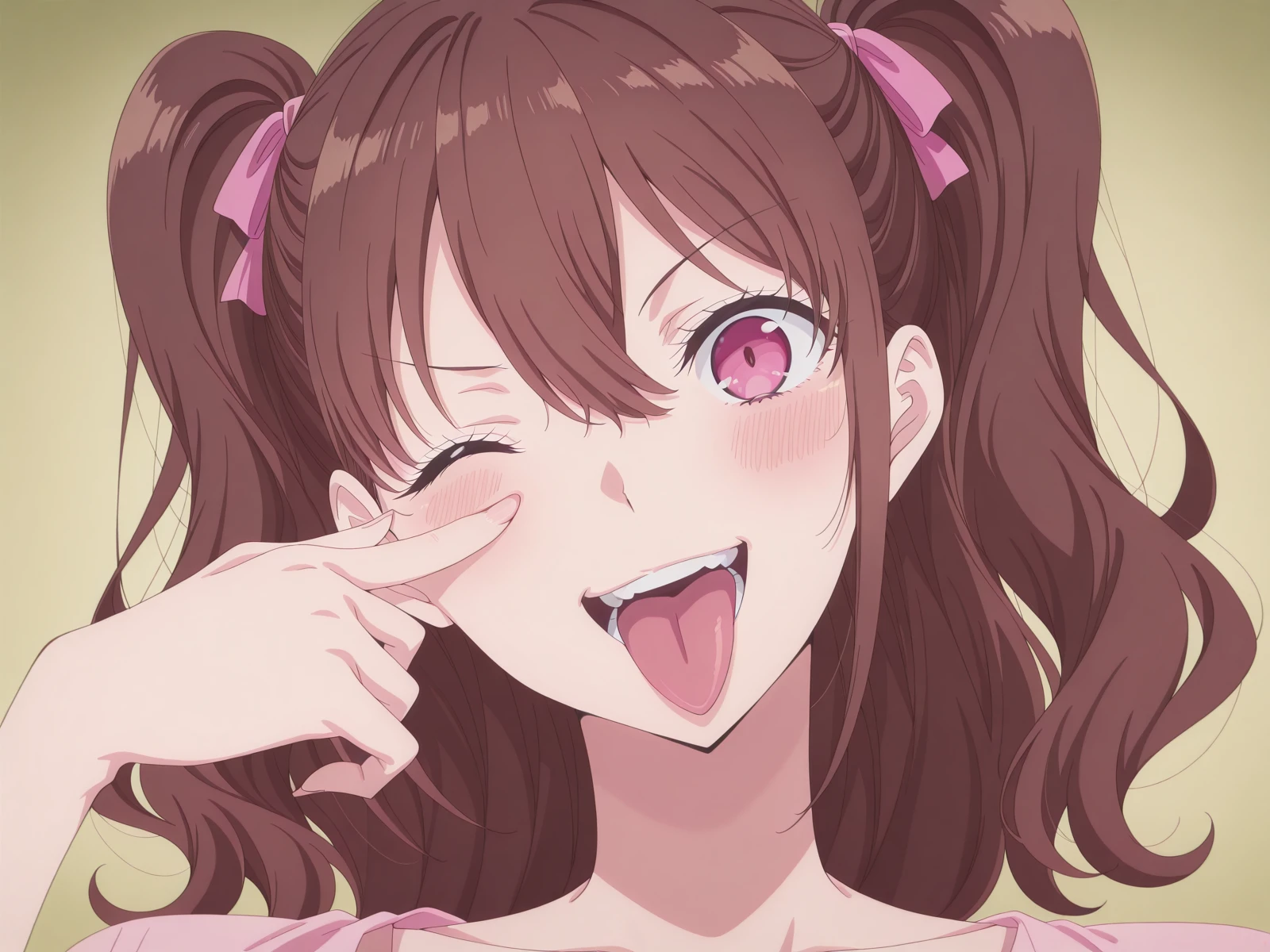 masterpiece, best quality, amazing quality,, <lora:mikari-tachibana-s1-illustriousxl-lora-nochekaiser:1>, mikari tachibana, brown hair, twintails, hair ribbon, two side up, pink eyes, mature female, small breasts, anime screencap, <lora:airashiratori-akanbe-illustriousxl-lora-nochekaiser:1>, airashiratori akanbe, solo, looking at viewer, blush, smile, open mouth, upper body, teeth, one eye closed, tongue, tongue out, portrait, eyelid pull, hand up, straight-on, akanbe, finger to eye,, , ,