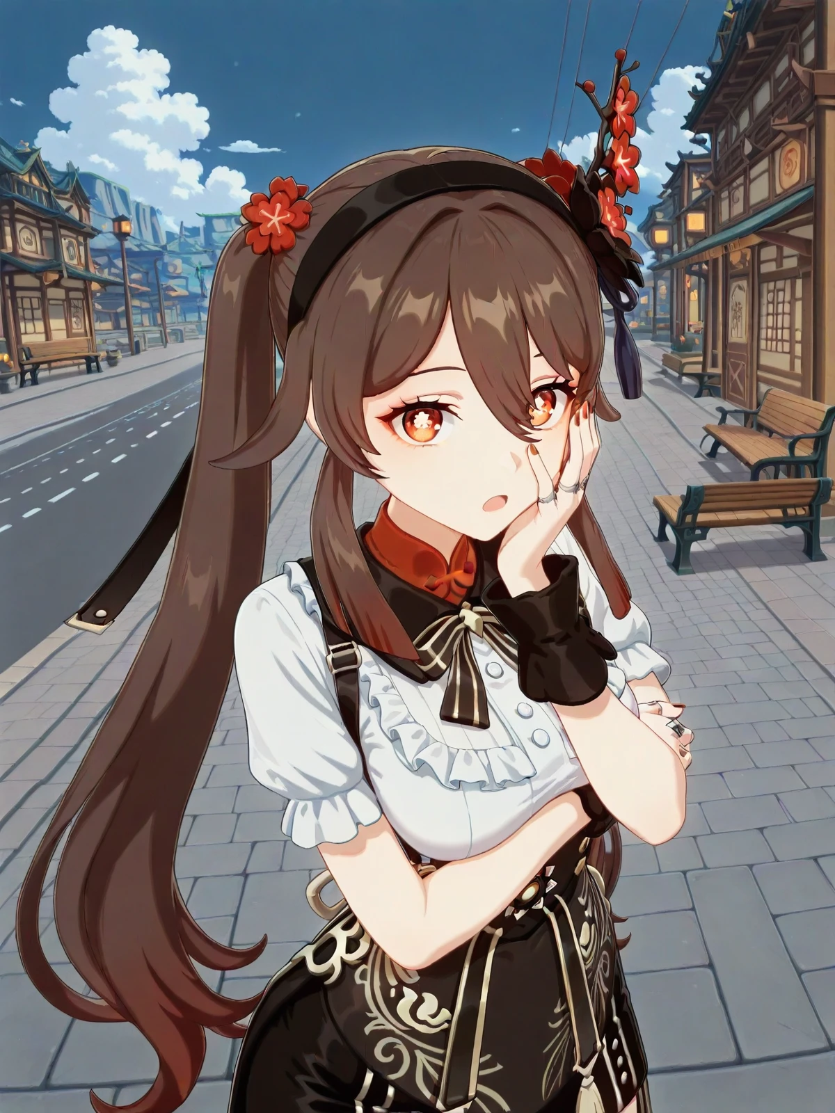 masterpiece, best quality, amazing quality,, <lora:genshin-hutao-ingame-illustriousxl-lora-nochekaiser:1>, hutao, hu tao (genshin impact), long hair, bangs, brown hair, red eyes, hair between eyes, twintails, sidelocks, symbol-shaped pupils, mature female, small breasts, 3d,, <lora:dagashi-kashi-s1-key-visual-illustriousxl-lora-nochekaiser:1>, dagashi kashi, solo, looking at viewer, open mouth, skirt, hair ornament, bow, flower, short sleeves, outdoors, frills, hairband, sky, day, cloud, bowtie, hair flower, nail polish, wrist cuffs, rose, suspenders, red nails, hand on own face, high-waist skirt, breast hold, hand on own cheek, suspender skirt, ringed eyes, road, bench, black flower, sidewalk,, , ,