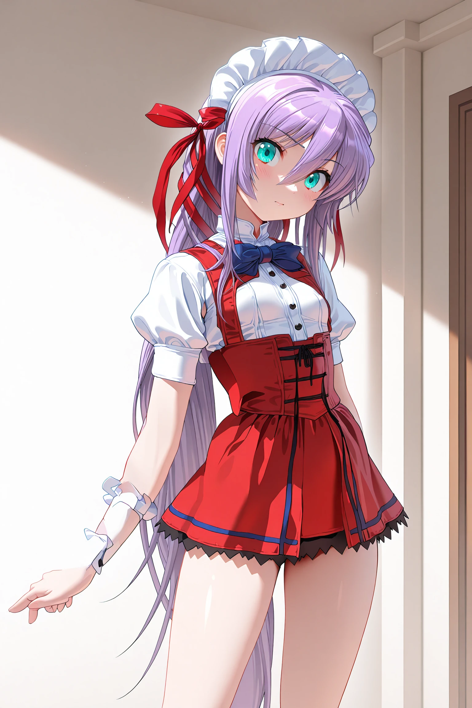 masterpiece, best quality, amazing quality, newest,detailed face, beautiful eye,<lora:AL_azif_V1.0_illustrious:1>,alazif,1girl,very long hair, ,red ribbon, hair ribbon, purple hair,small breasts,green eyes,aqua eyes,, <lora:ClassicMaidV1.0_illustrious:0.9>,1girl,classicmaid_cos,white shirt,short dress,red dress, maid headdress ,puffy short sleeves,maid ,blue bowtie,apron,frilled socks ,white socks, white footwear,