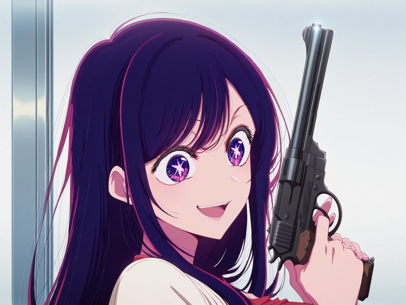 masterpiece, best quality, amazing quality,, <lora:ai-hoshino-s1-illustriousxl-lora-nochekaiser:1> ai hoshino, hoshino ai, long hair, bangs, purple eyes, purple hair, symbol-shaped pupils, mature female, medium breasts, anime screencap, <lora:lums-cell-duplicator-gun-illustriousxl-lora-nochekaiser:1>, solo, smile, open mouth, holding, upper body, weapon, holding weapon, gun, holding gun, handgun, looking to the side,, , ,