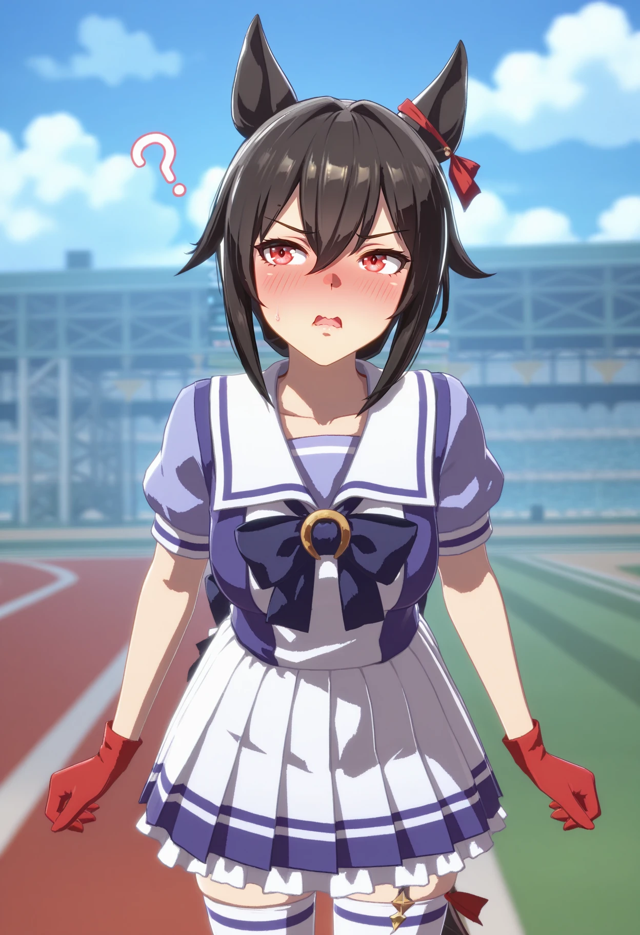 1girl, solo, blurry background,
ente1ech1a, red eyes, gloves, red gloves, black hair, outdoors, field track, medium breasts, sunny, cloudy, thighhighs,
(tracen_school_uniform:1.5), confused, ribbon around left ear, blush, pout, wavy mouth, straight-on, steaming, open mouth, upset, ummsmingame, 3d, horse ears, full face blush,
<lora:entelechialora_1:1>  <lora:Umamusume_in_game_style_3D_ILL-v2:1>