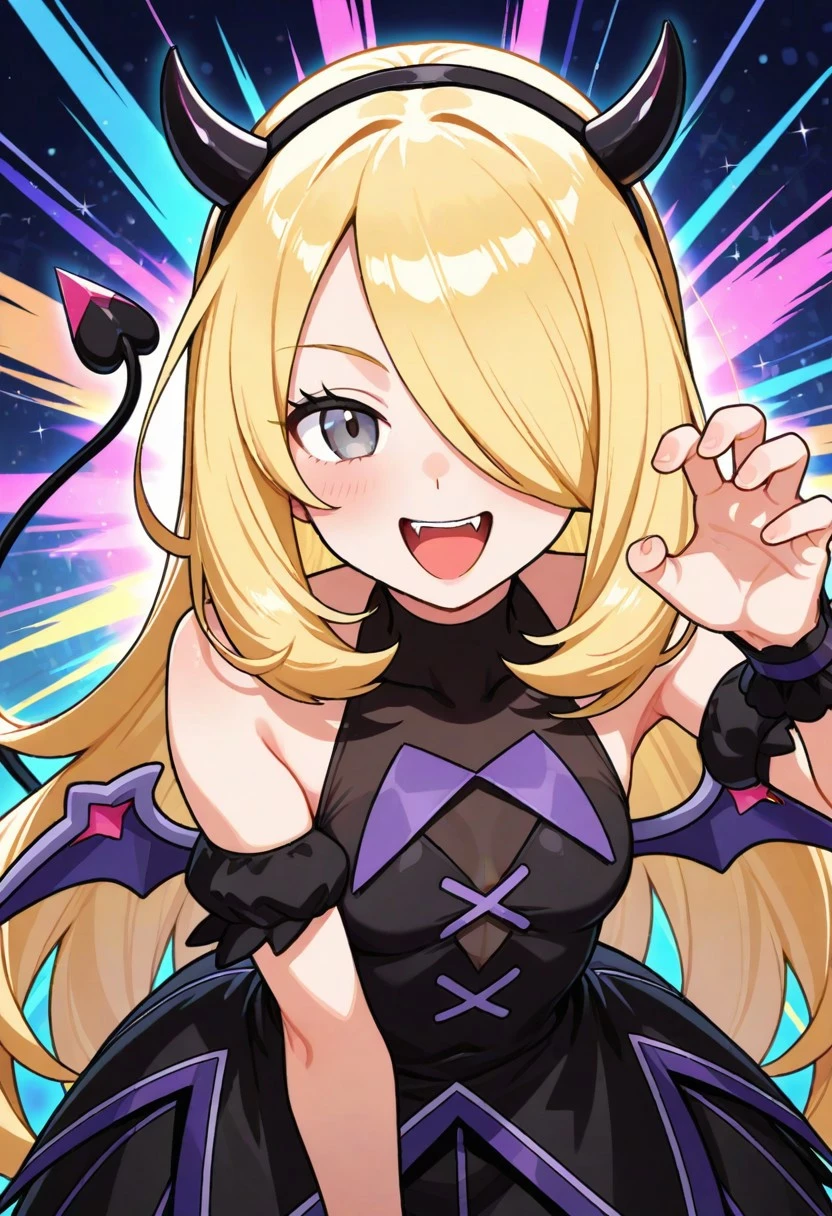2d, masterpiece, best quality, amazing quality, 1girl, solo, close-up, standing, smile, upper body, leaning_forward, looking at viewer, multicolored background, sparkle, rainbow background, colorful background, masterpiece, best quality, amazing quality, highres, absurdres, newest, [[[Cynthia \(pokemon\)]]], grey eyes, blonde hair, very long hair, hair over one eye, fake horns, halter dress, multicolored dress, black dress, bare shoulders, detached sleeves, short sleeves, wrist cuffs, fake wings, fake tail, claw pose, open mouth, fangs, white halterneck