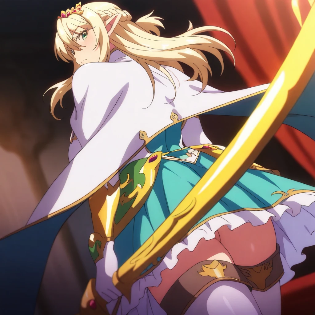 solo,masterpiece,high score,great score,absurdres,anime coloring,looking at viewer,from back,<lora:AlmiaAgraliel ag4o:1> almiaagraliel, blonde hair, braid, pointy ears, green eyes,tiara,cape,thighhighs,