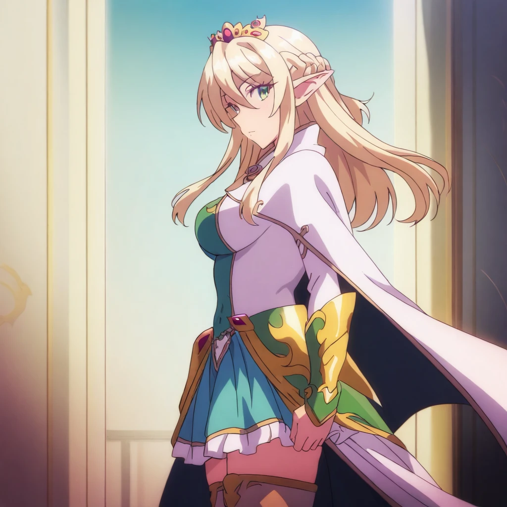 solo,masterpiece,high score,great score,absurdres,anime coloring,looking at viewer,from side,<lora:AlmiaAgraliel ag4o:1> almiaagraliel, blonde hair, braid, pointy ears, green eyes,tiara,cape,thighhighs,