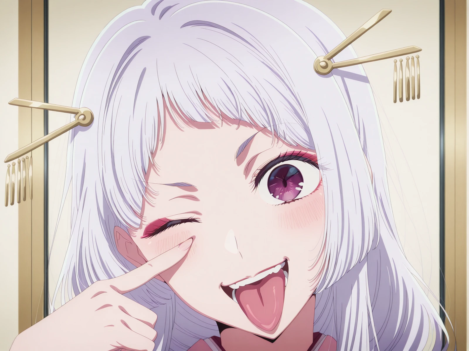 masterpiece, best quality, amazing quality,, <lora:akane-kurokawa-s1s2-illustriousxl-lora-nochekaiser:1>, sayahime, long hair, bangs, hair ornament, purple eyes, white hair, hair stick, mature female, large breasts, anime screencap, <lora:airashiratori-akanbe-illustriousxl-lora-nochekaiser:1>, airashiratori akanbe, solo, looking at viewer, blush, smile, open mouth, upper body, teeth, one eye closed, tongue, tongue out, portrait, eyelid pull, hand up, straight-on, akanbe, finger to eye,, , ,