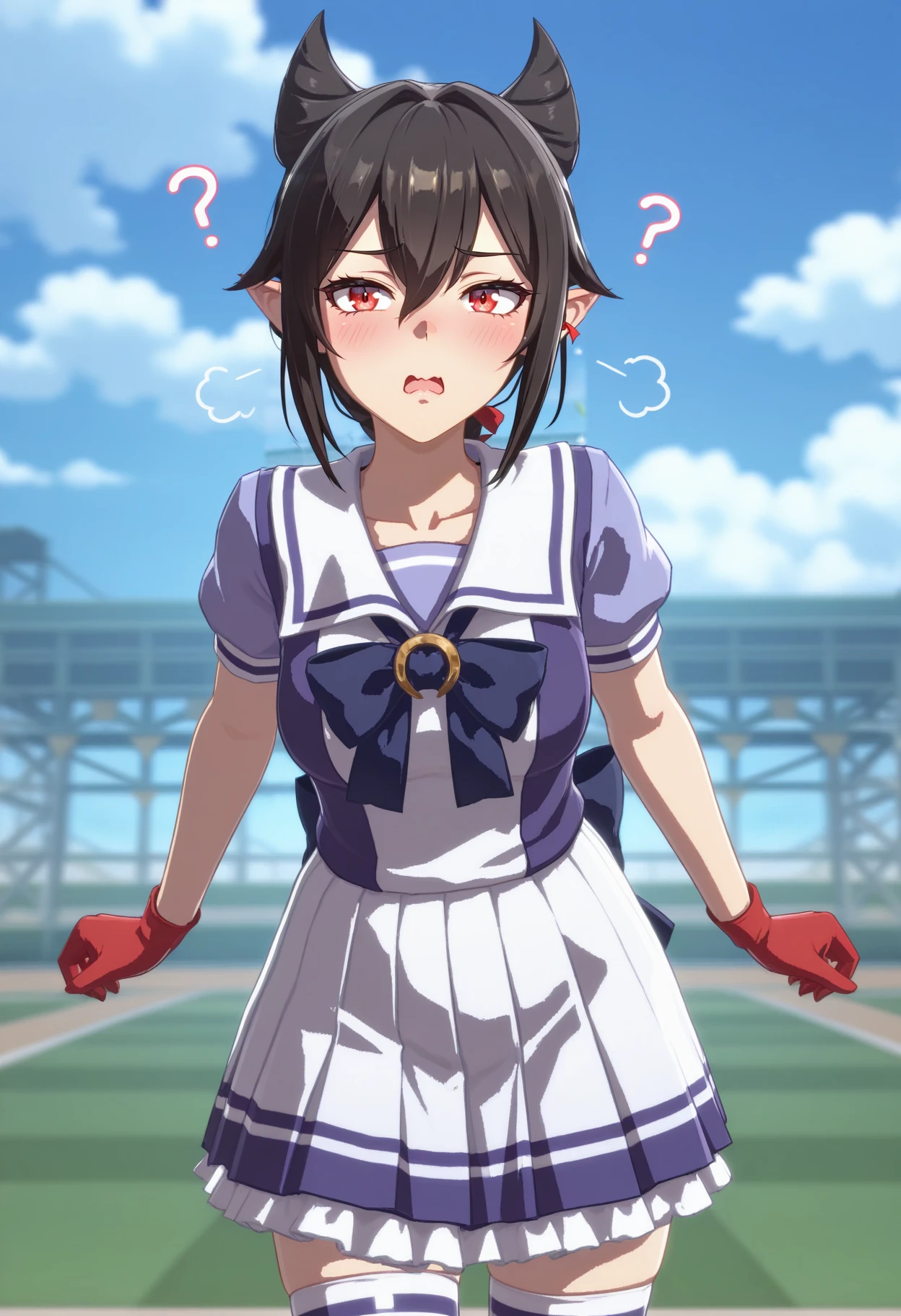 1girl, solo, blurry background,
ente1ech1a, red eyes, gloves, red gloves, black hair, outdoors, field track, medium breasts, sunny, cloudy, pointy ears, thighhighs,
(tracen_school_uniform:1.5), confused, ribbon around left ear, blush, pout, wavy mouth, straight-on, steaming, open mouth, upset, ummsmingame, 3d,
<lora:entelechialora_1:1>  <lora:Umamusume_in_game_style_3D_ILL-v2:1>
