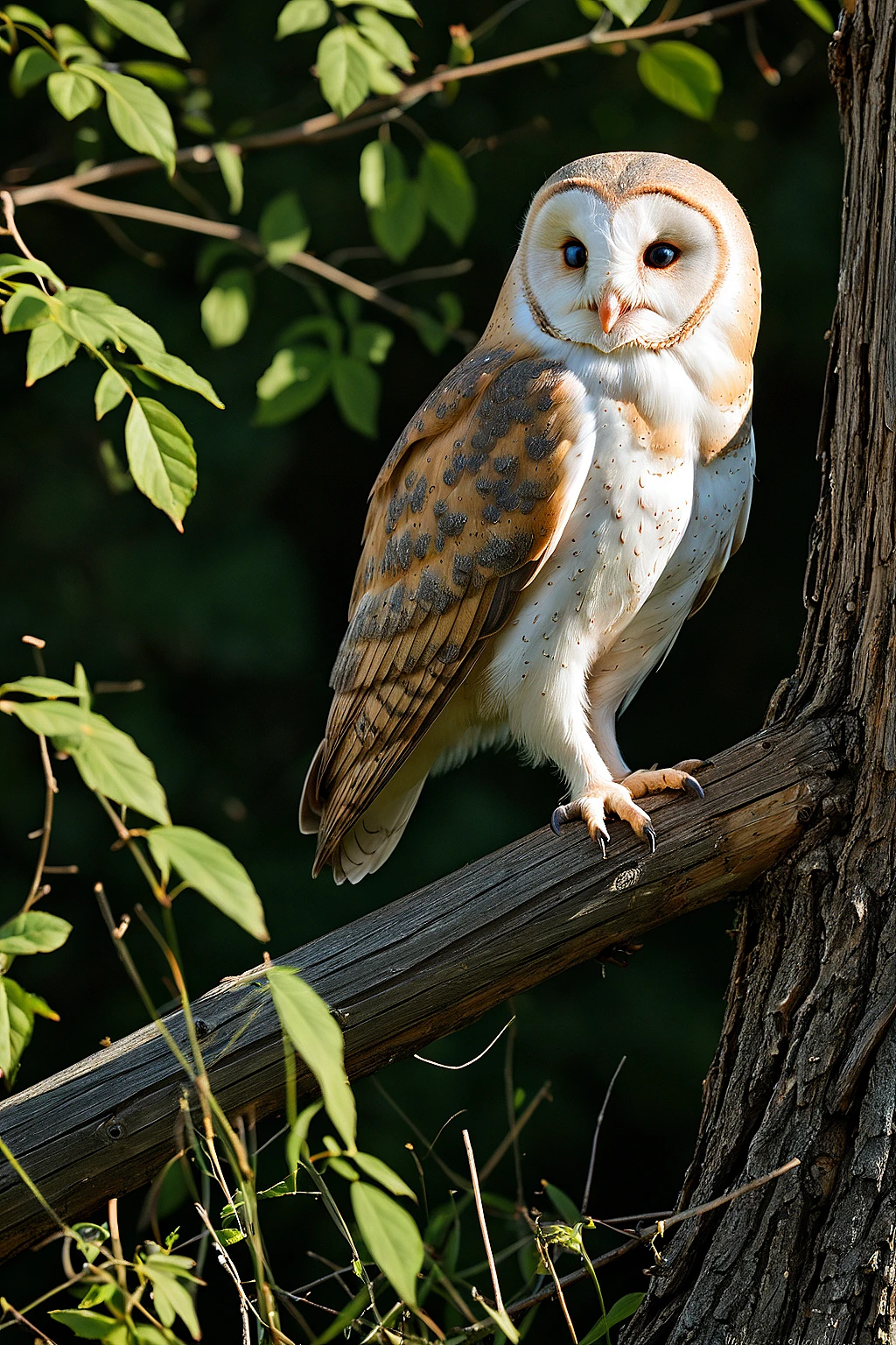 a barn owl in a roost, sunshine, shadows