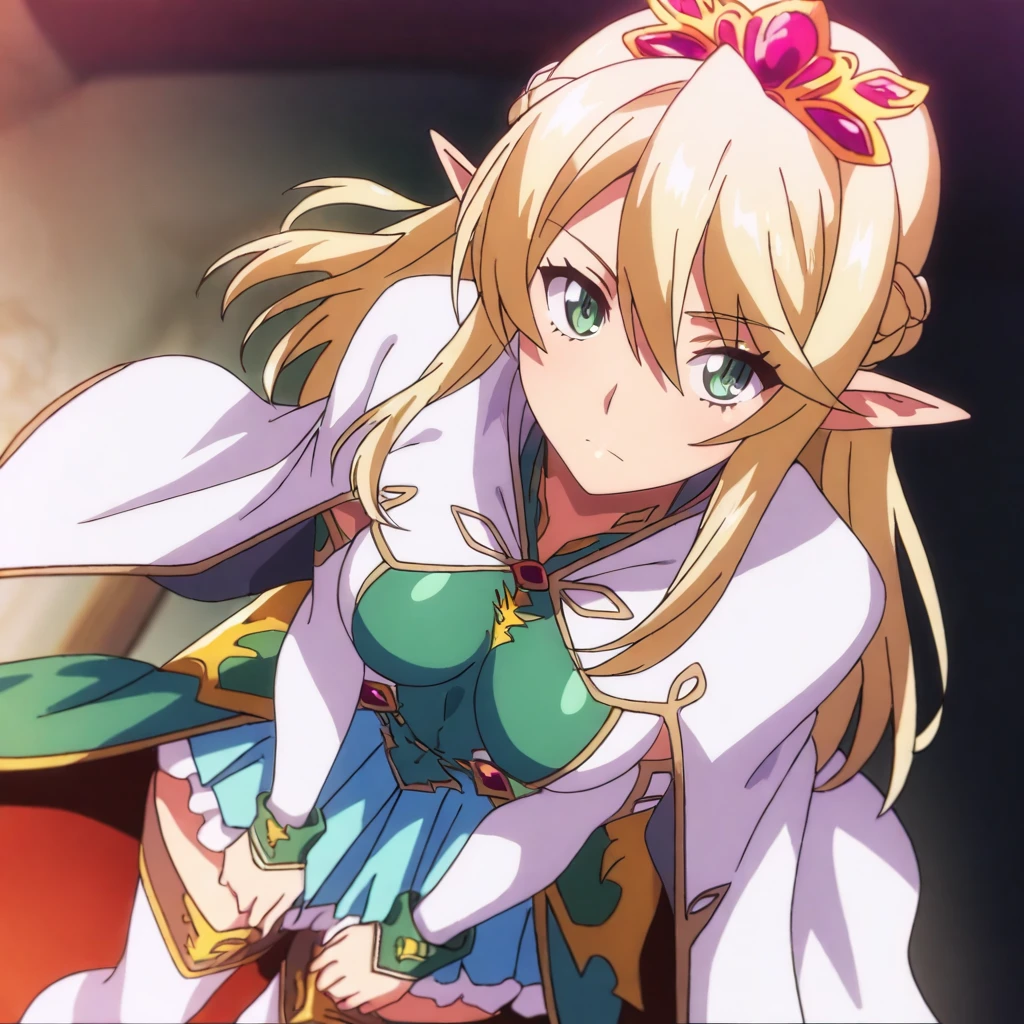 solo,masterpiece,high score,great score,absurdres,anime coloring,looking at viewer,<lora:AlmiaAgraliel ag4o:1> almiaagraliel, blonde hair, braid, pointy ears, green eyes,tiara,cape,thighhighs,