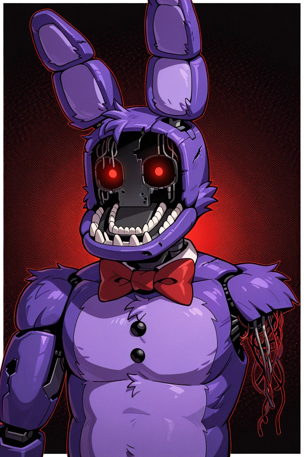 WitheredBonnieFNAF2, 1boy, heavily damaged, purple fur, animatronic rabbit, missing face, red glowing eyes, jagged teeth, expose wiring, red bow tie, two black chest buttons, scuffed, ripped, misaligned rabbit ears, hollow face, red eyes, metal right hand, metal left foot, amputated arm, withering, solo, upper body, dynamic pose, masterpiece, best quality, amazing quality, very aesthetic, absurdres, newest, upper body, halftone effect, white borders, abstract background:1.2,