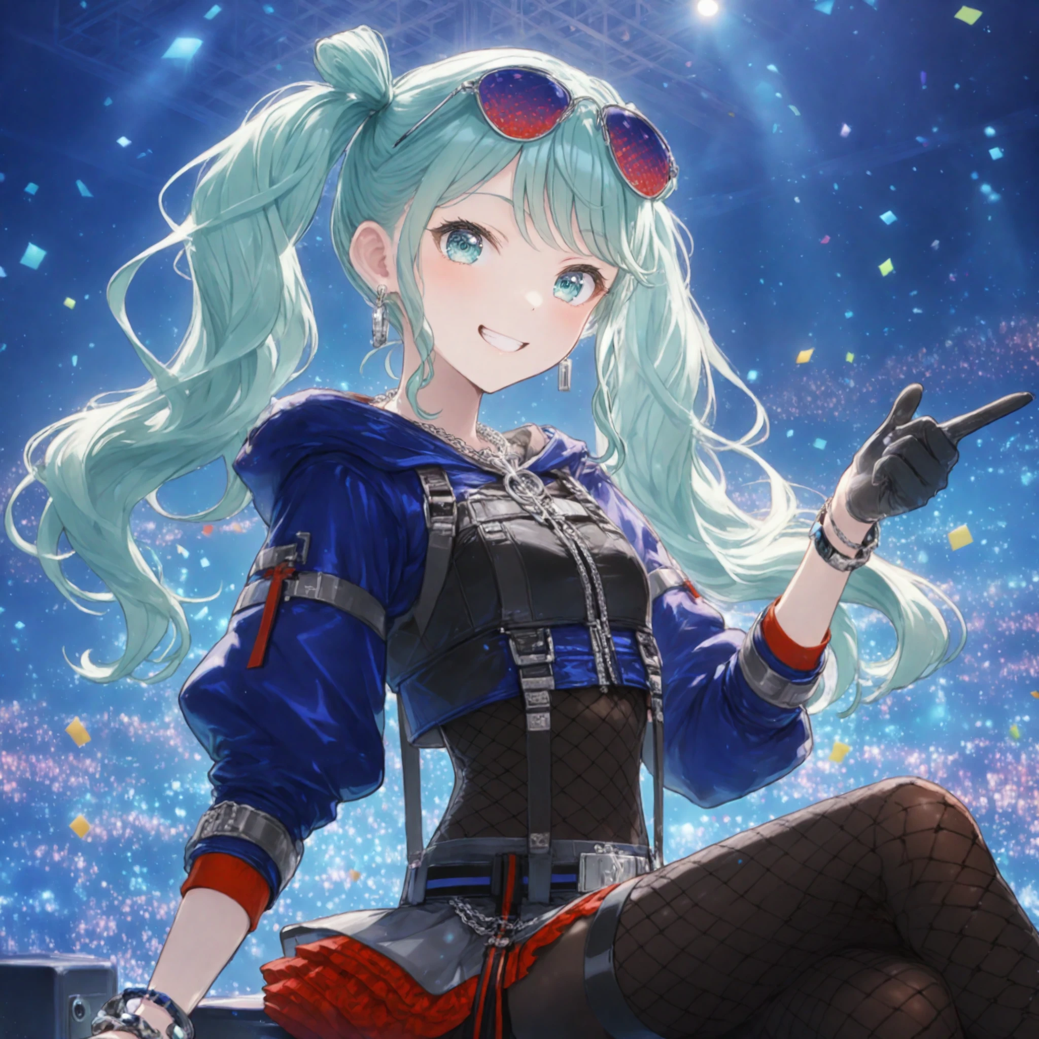 1girl, hatsune miku, project sekai, solo,
resonance miku, aqua eyes, detailed eyes, grin,
looking at viewer, sitting on speaker, crossed legs, hand up, index finger raised, four fingers and thumb, upper body shot,
black gloves, eyewear on head, bracelet, zipper, cropped jacket, blue jacket, fishnets, hooded jacket, grey miniskirt, pantyhose, zipper pull tab, long sleeves, blue tinted eyewear, belt, snap-fit buckle, chain, black fishnet thighhighs, harness, black pantyhose, layered skirt, thigh strap, wristband, belly chain, chest harness, multiple belts, drawstring, puffy sleeves, chain necklace,
dark, stage, stage light, neon light, confetti-flurry, psyllium, auditorium is filled with spectator,
nijistyle, jwst, masterpiece, amazing quality, very aesthetic, ultra detailed, highres,
<lora:hand 5.5:1>, <lora:ObIL-style-nijistyle02:0.8>, <lora:ObIL-style-JWST02:0.4>, <lora:ObIL-vs-ResonanceMk01:0.6>