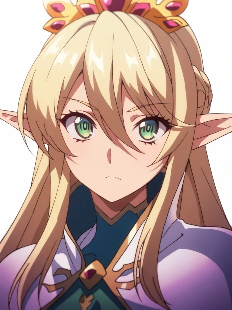 solo,masterpiece,high score,great score,absurdres,upper_body,white background,anime coloring,looking at viewer,<lora:AlmiaAgraliel ag4o:1> almiaagraliel, blonde hair, braid, pointy ears, green eyes,tiara,cape,